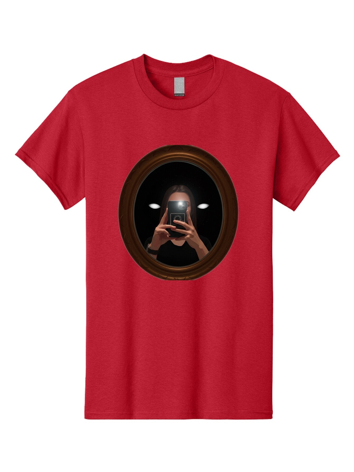 Woman-Taking-Selfie-In-Oval-Mirror Men'S Graphic Tee, 100% Cotton, Comfortable Casual Summer Wear, Machine Washable, Vintage Camera, Old Camera, Antique Camera, Black Camera, Classic Photography, Photography Equipment, Nostalgic Device, Bap015 9