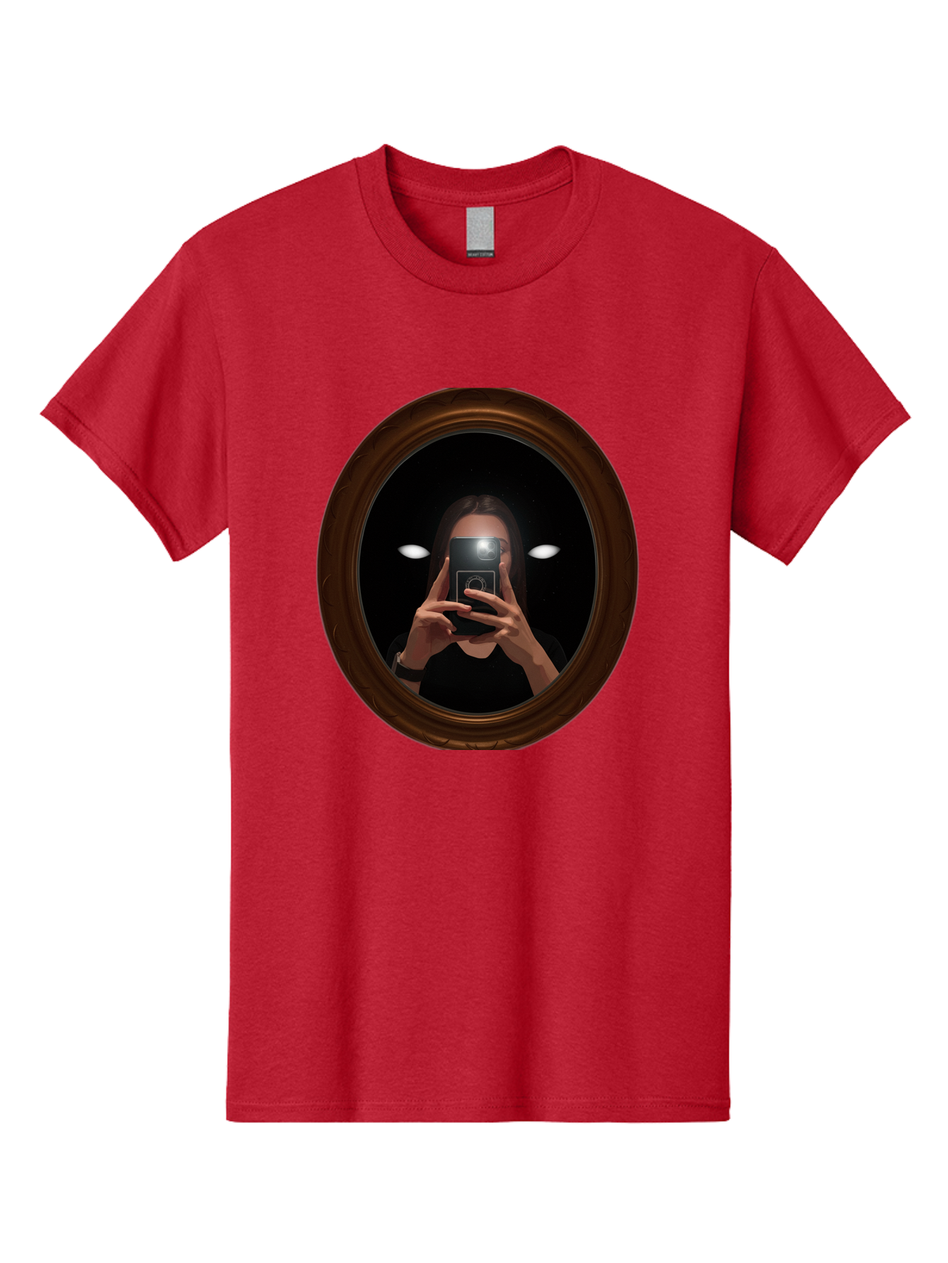 Woman-Taking-Selfie-In-Oval-Mirror Men'S Graphic Tee, 100% Cotton, Comfortable Casual Summer Wear, Machine Washable, Vintage Camera, Old Camera, Antique Camera, Black Camera, Classic Photography, Photography Equipment, Nostalgic Device, Bap015 5