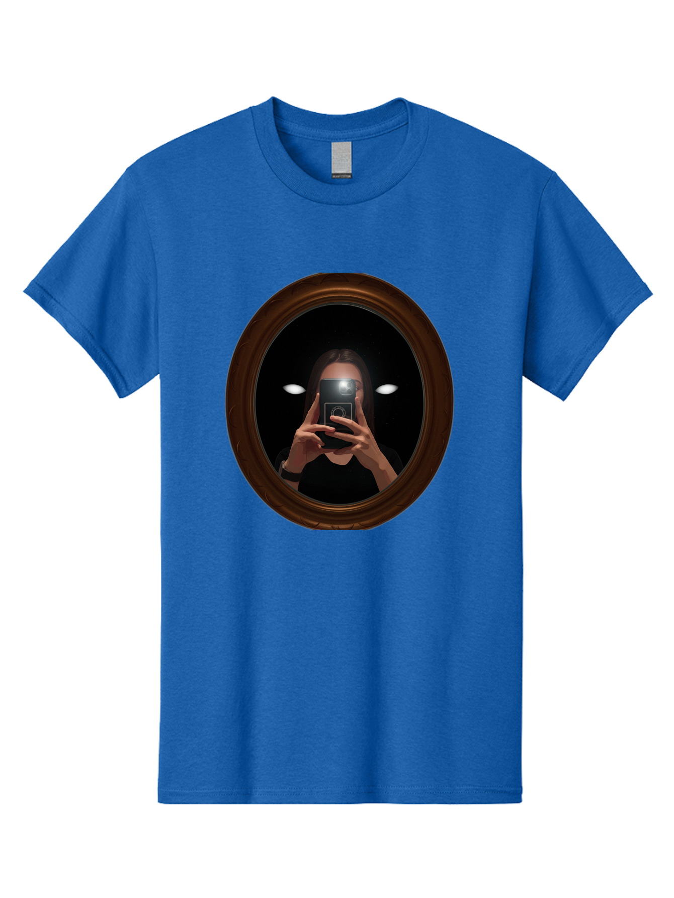 Woman-Taking-Selfie-In-Oval-Mirror Men'S Graphic Tee, 100% Cotton, Comfortable Casual Summer Wear, Machine Washable, Vintage Camera, Old Camera, Antique Camera, Black Camera, Classic Photography, Photography Equipment, Nostalgic Device, Bap015