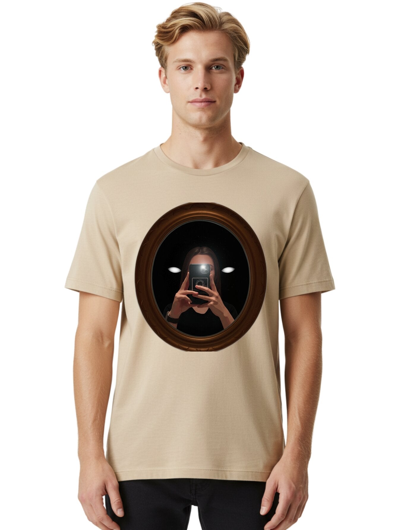 Woman-Taking-Selfie-In-Oval-Mirror Men'S Graphic Tee, 100% Cotton, Comfortable Casual Summer Wear, Machine Washable, Vintage Camera, Old Camera, Antique Camera, Black Camera, Classic Photography, Photography Equipment, Nostalgic Device, Bap015 23
