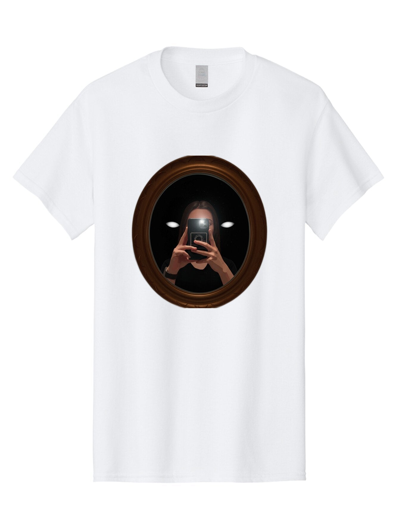Woman-Taking-Selfie-In-Oval-Mirror Men'S Graphic Tee, 100% Cotton, Comfortable Casual Summer Wear, Machine Washable, Vintage Camera, Old Camera, Antique Camera, Black Camera, Classic Photography, Photography Equipment, Nostalgic Device, Bap015 13