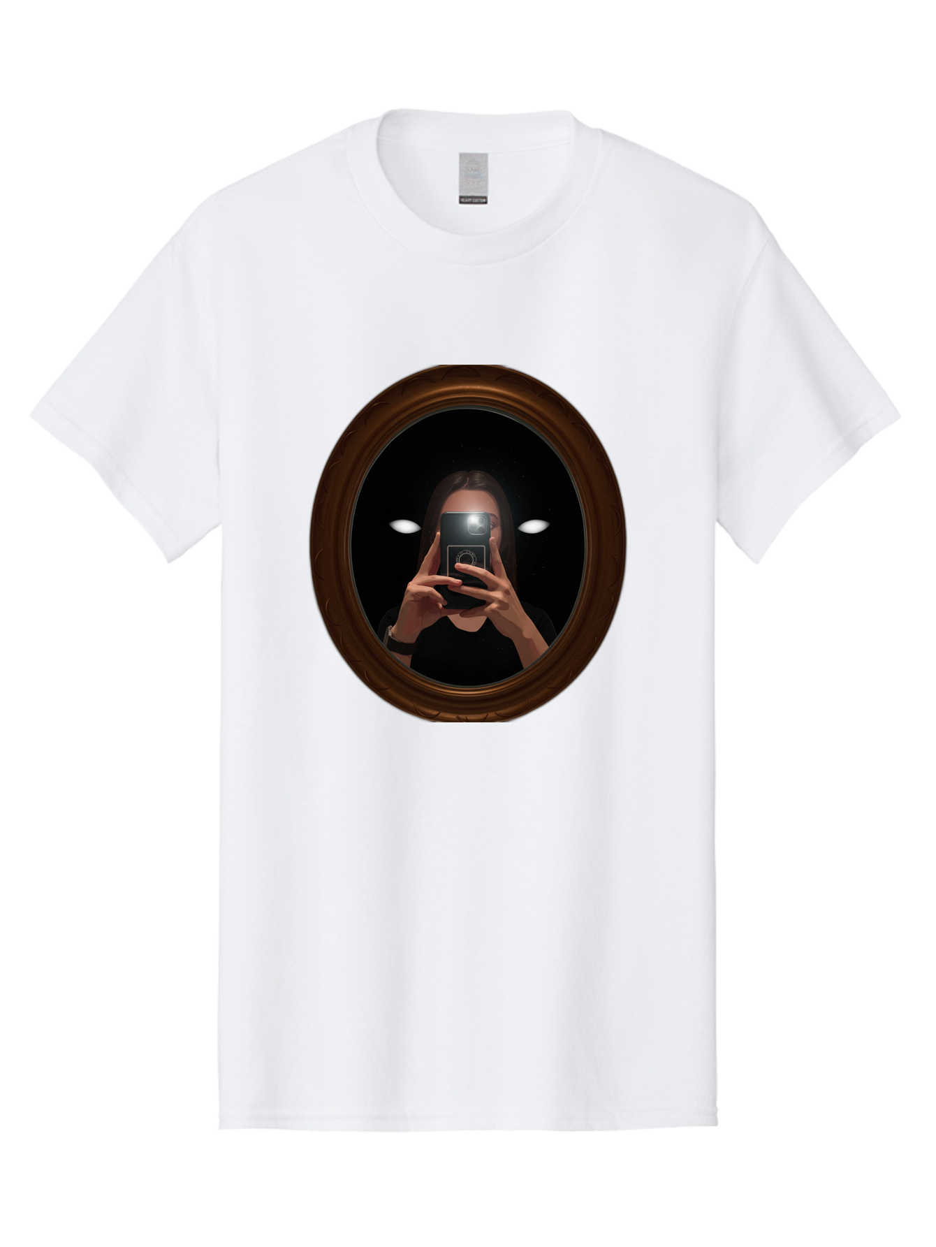 Woman-Taking-Selfie-In-Oval-Mirror Men'S Graphic Tee, 100% Cotton, Comfortable Casual Summer Wear, Machine Washable, Vintage Camera, Old Camera, Antique Camera, Black Camera, Classic Photography, Photography Equipment, Nostalgic Device, Bap015 15