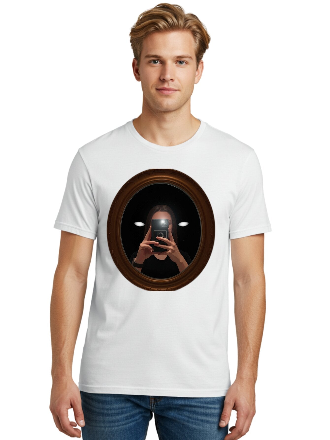 Woman-Taking-Selfie-In-Oval-Mirror Men'S Graphic Tee, 100% Cotton, Comfortable Casual Summer Wear, Machine Washable, Vintage Camera, Old Camera, Antique Camera, Black Camera, Classic Photography, Photography Equipment, Nostalgic Device, Bap015 20