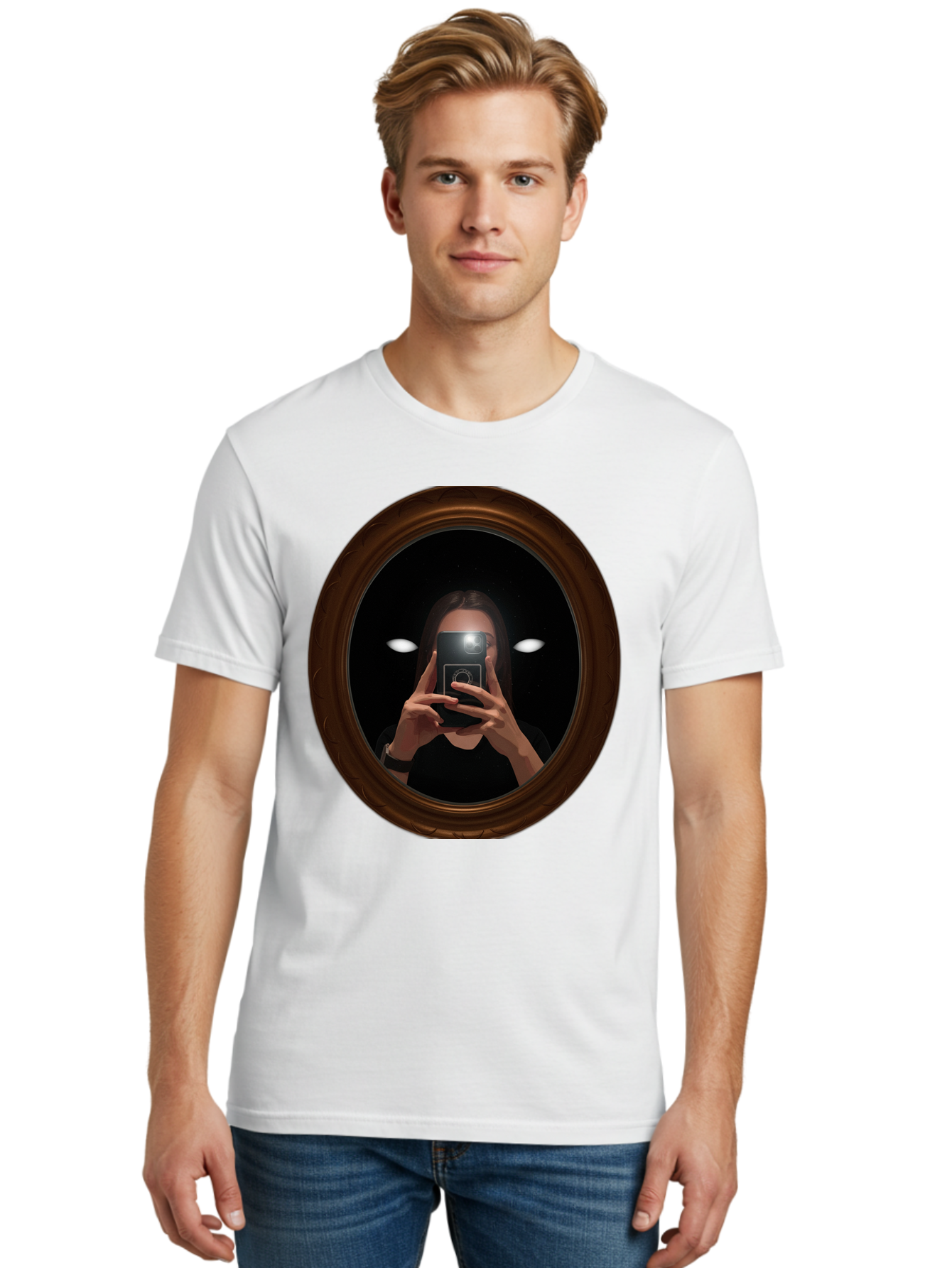 Woman-Taking-Selfie-In-Oval-Mirror Men'S Graphic Tee, 100% Cotton, Comfortable Casual Summer Wear, Machine Washable, Vintage Camera, Old Camera, Antique Camera, Black Camera, Classic Photography, Photography Equipment, Nostalgic Device, Bap015 30