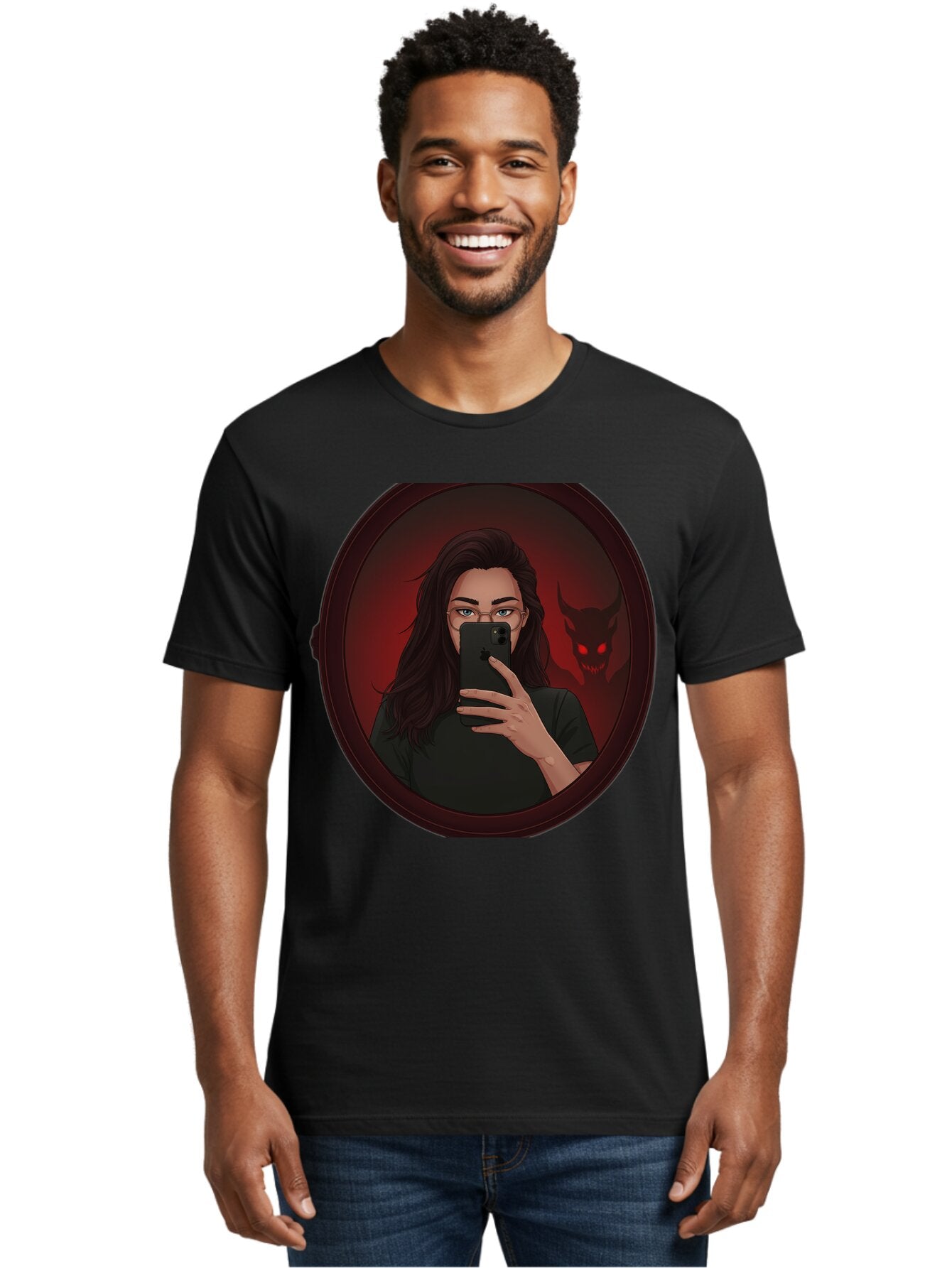 Woman-Taking-Selfie-With-Devil Men'S Graphic Tee, 100% Cotton, Comfortable Casual Summer Wear, Machine Washable, Vintage Camera, Old Camera, Antique Camera, Black Camera, Classic Photography, Photography Equipment, Nostalgic Device, Bap016 17