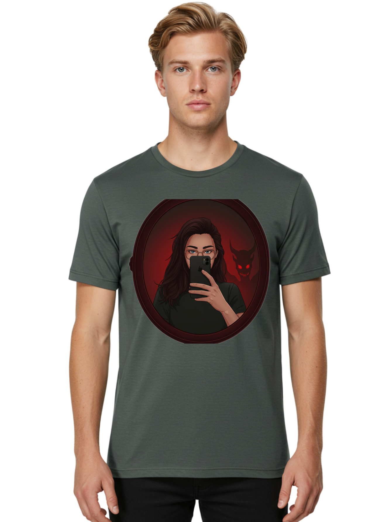 Woman-Taking-Selfie-With-Devil Men'S Graphic Tee, 100% Cotton, Comfortable Casual Summer Wear, Machine Washable, Vintage Camera, Old Camera, Antique Camera, Black Camera, Classic Photography, Photography Equipment, Nostalgic Device, Bap016 23
