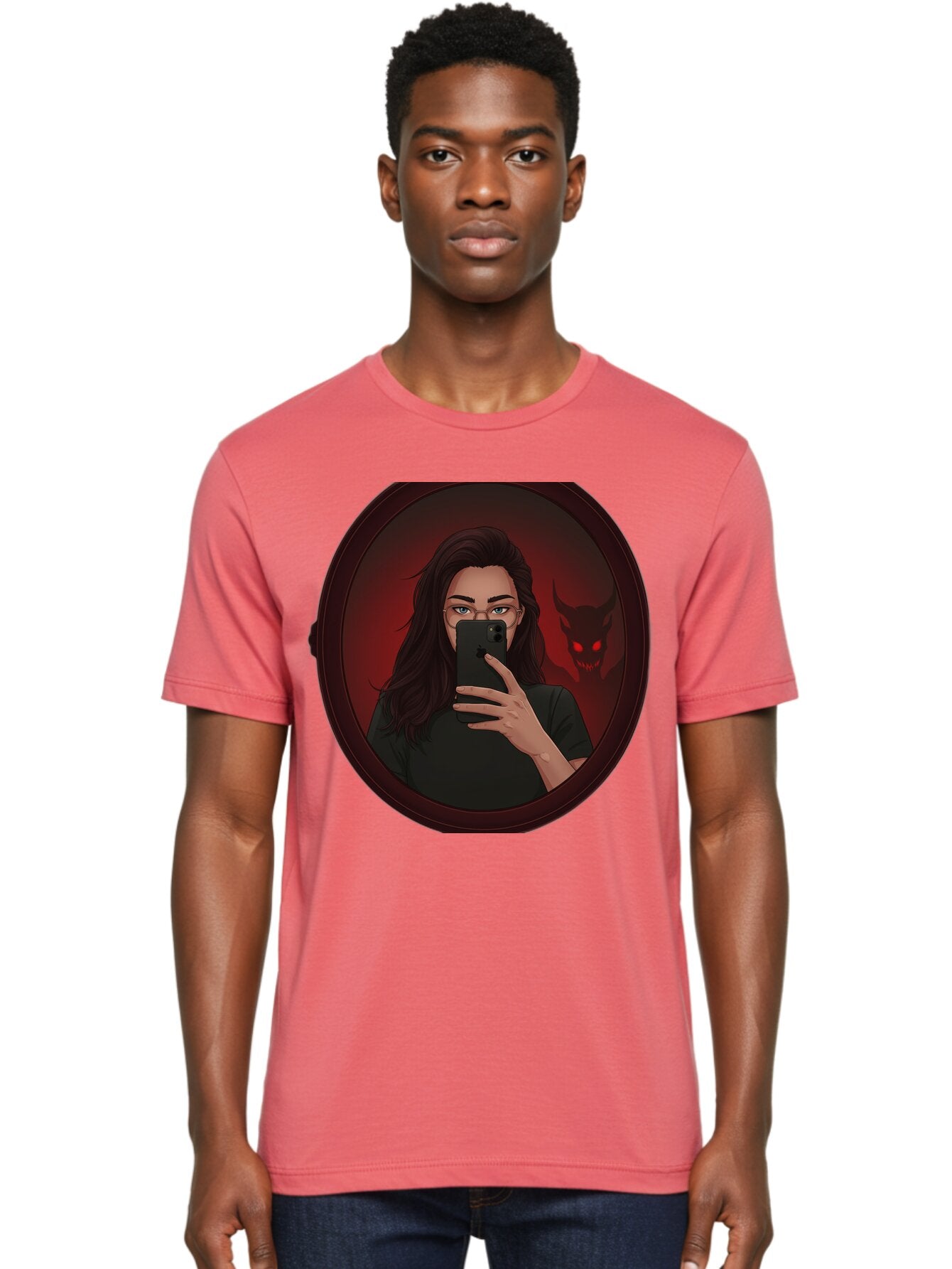 Woman-Taking-Selfie-With-Devil Men'S Graphic Tee, 100% Cotton, Comfortable Casual Summer Wear, Machine Washable, Vintage Camera, Old Camera, Antique Camera, Black Camera, Classic Photography, Photography Equipment, Nostalgic Device, Bap016 28