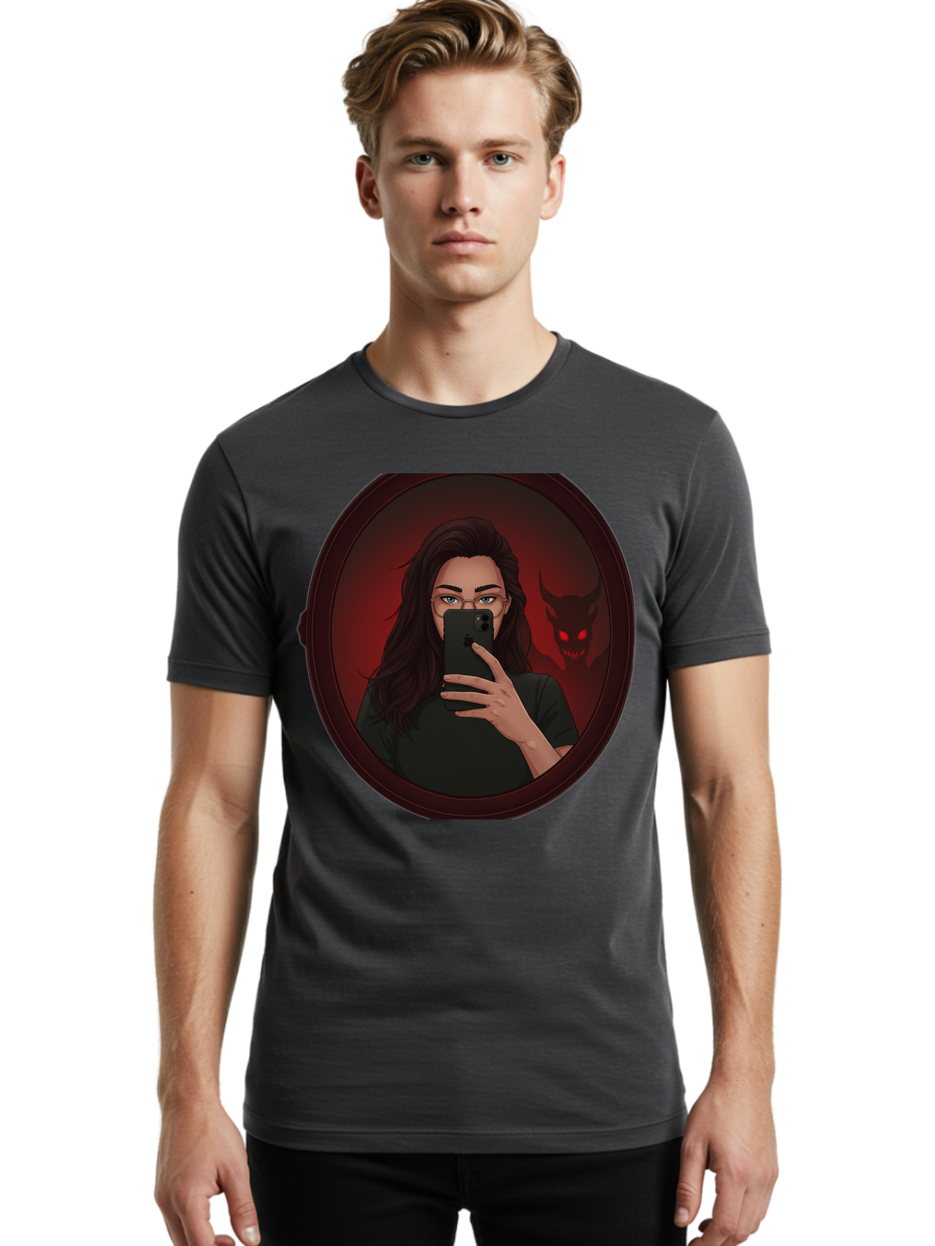 Woman-Taking-Selfie-With-Devil Men'S Graphic Tee, 100% Cotton, Comfortable Casual Summer Wear, Machine Washable, Vintage Camera, Old Camera, Antique Camera, Black Camera, Classic Photography, Photography Equipment, Nostalgic Device, Bap016 17