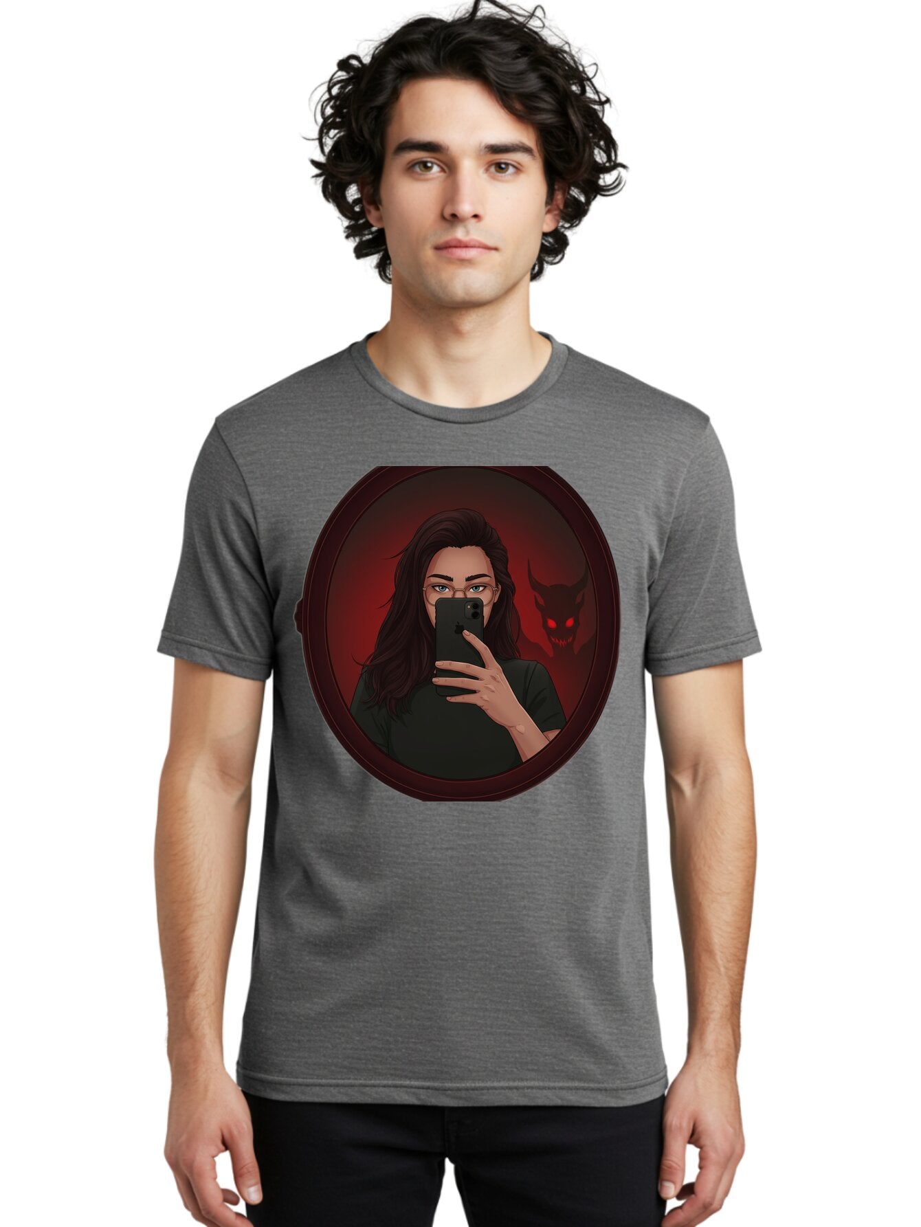 Woman-Taking-Selfie-With-Devil Men'S Graphic Tee, 100% Cotton, Comfortable Casual Summer Wear, Machine Washable, Vintage Camera, Old Camera, Antique Camera, Black Camera, Classic Photography, Photography Equipment, Nostalgic Device, Bap016 26