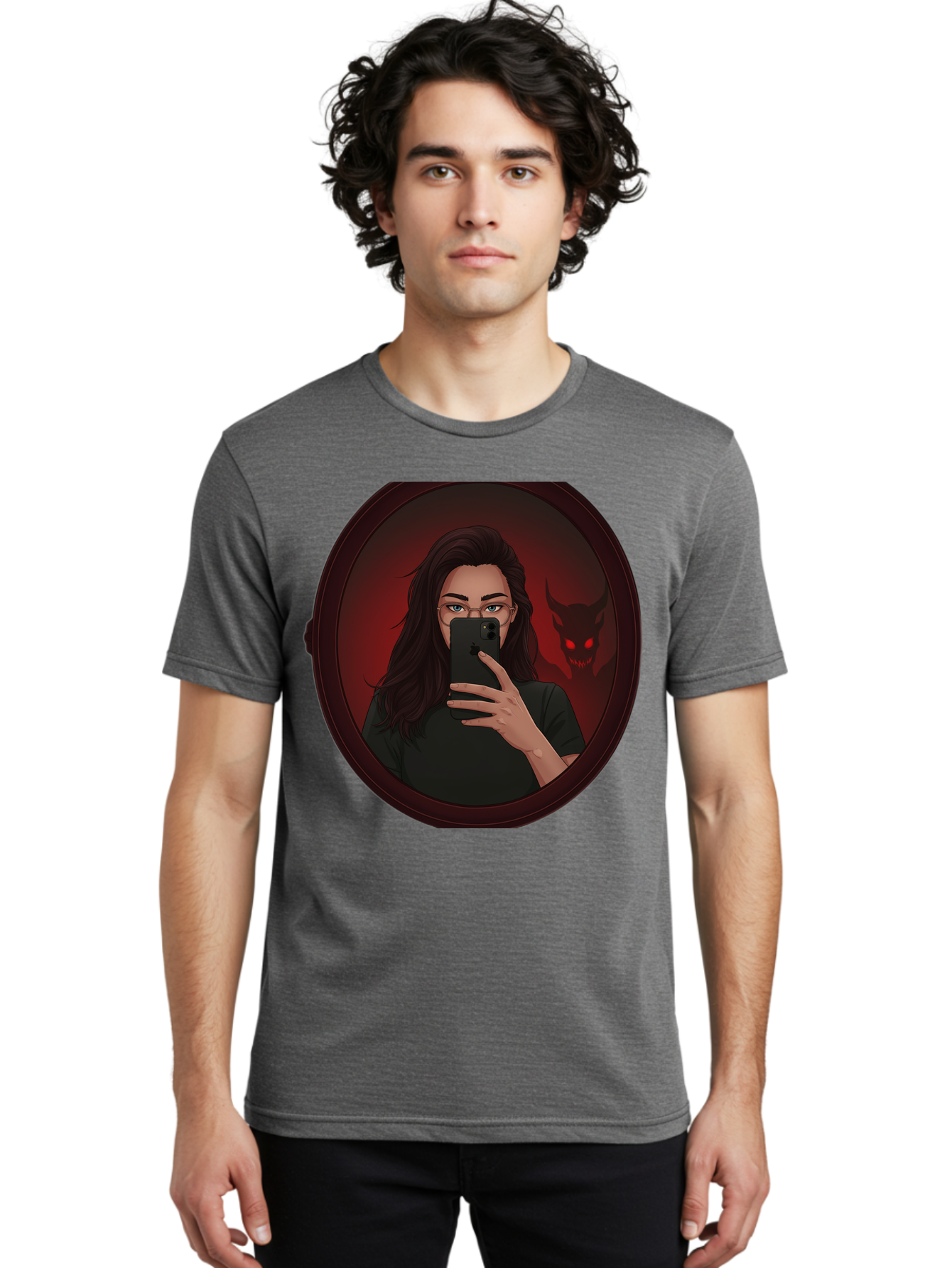 Woman-Taking-Selfie-With-Devil Men'S Graphic Tee, 100% Cotton, Comfortable Casual Summer Wear, Machine Washable, Vintage Camera, Old Camera, Antique Camera, Black Camera, Classic Photography, Photography Equipment, Nostalgic Device, Bap016 20