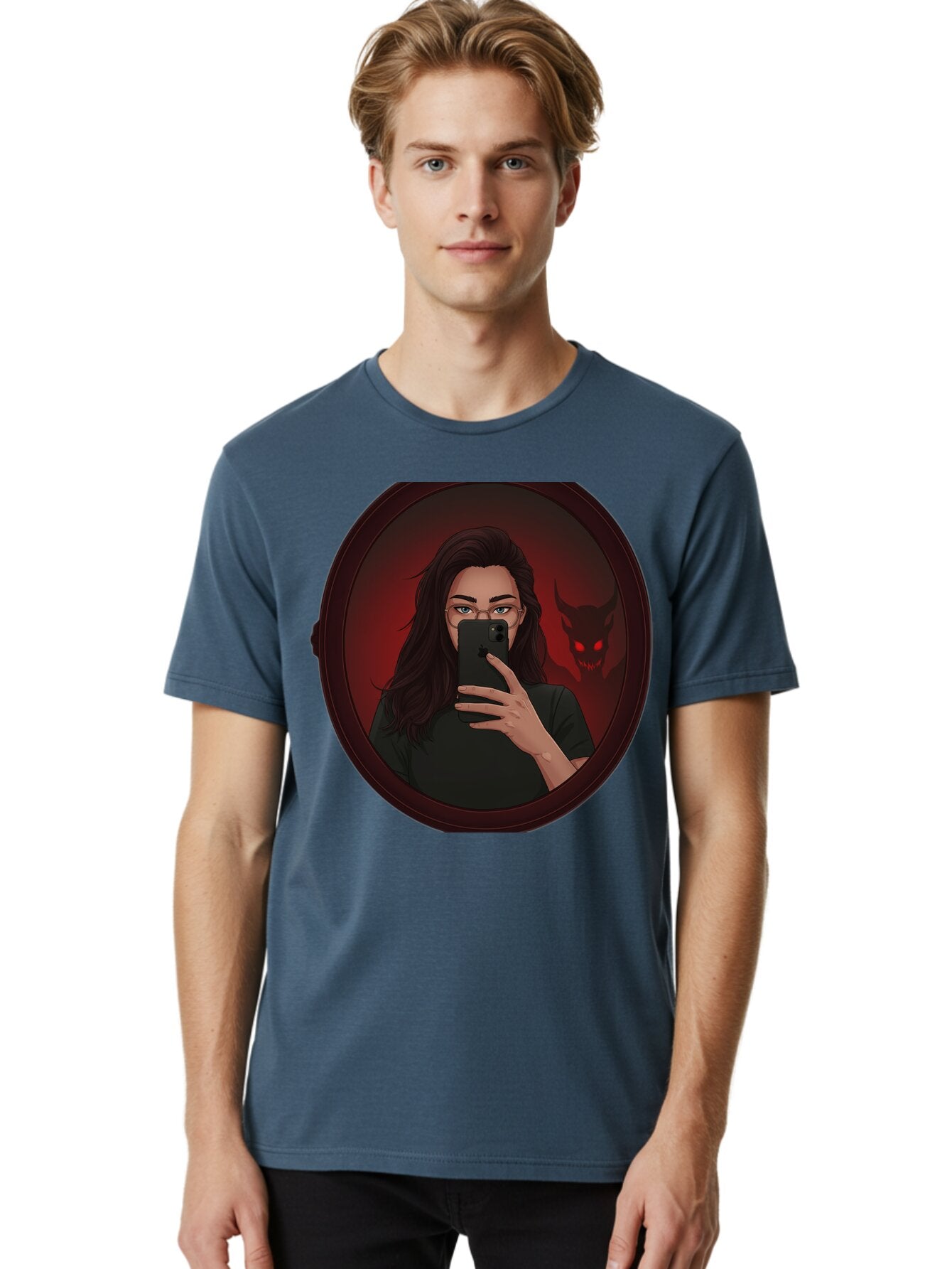 Woman-Taking-Selfie-With-Devil Men'S Graphic Tee, 100% Cotton, Comfortable Casual Summer Wear, Machine Washable, Vintage Camera, Old Camera, Antique Camera, Black Camera, Classic Photography, Photography Equipment, Nostalgic Device, Bap016 25