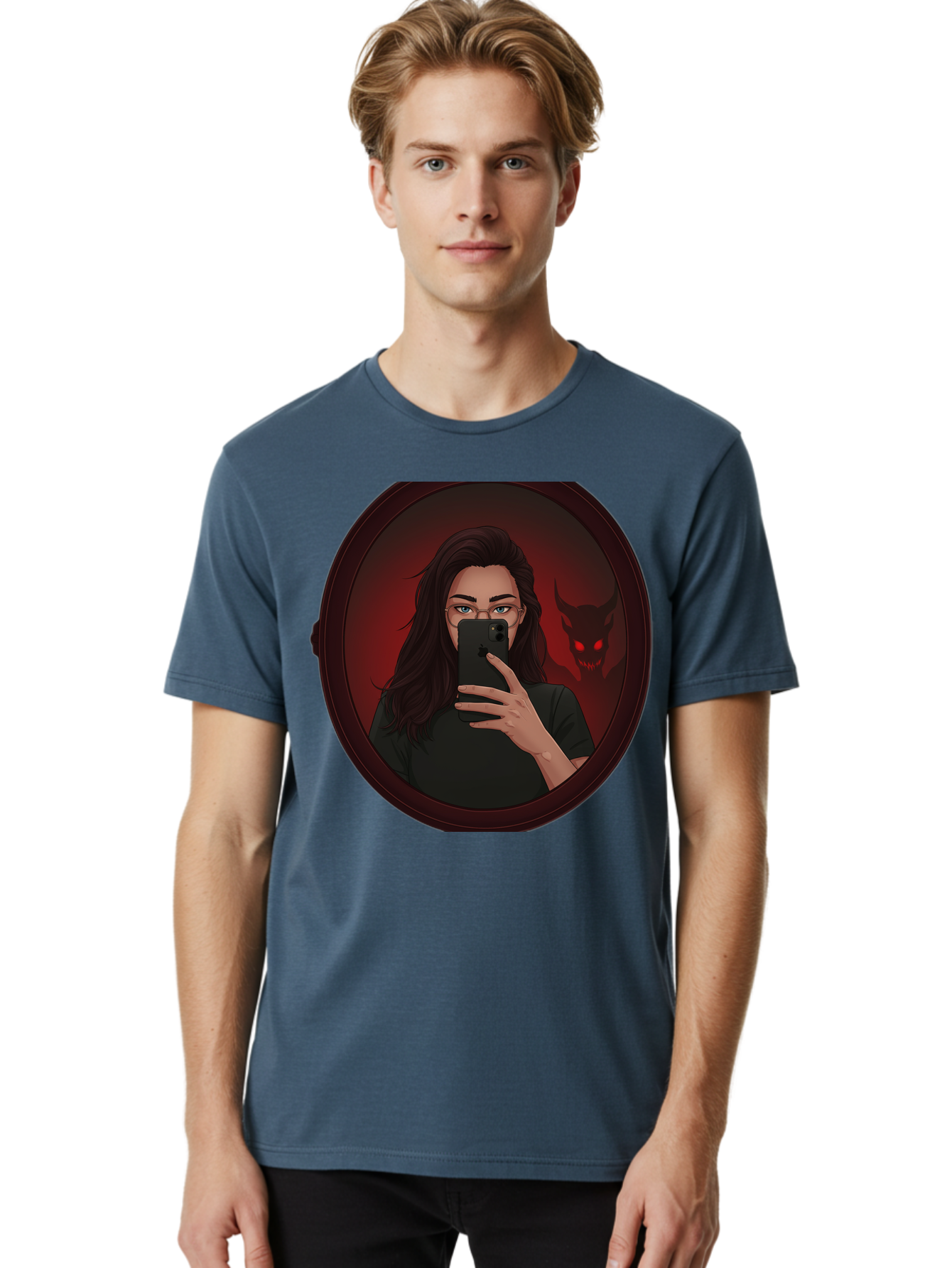 Woman-Taking-Selfie-With-Devil Men'S Graphic Tee, 100% Cotton, Comfortable Casual Summer Wear, Machine Washable, Vintage Camera, Old Camera, Antique Camera, Black Camera, Classic Photography, Photography Equipment, Nostalgic Device, Bap016 21