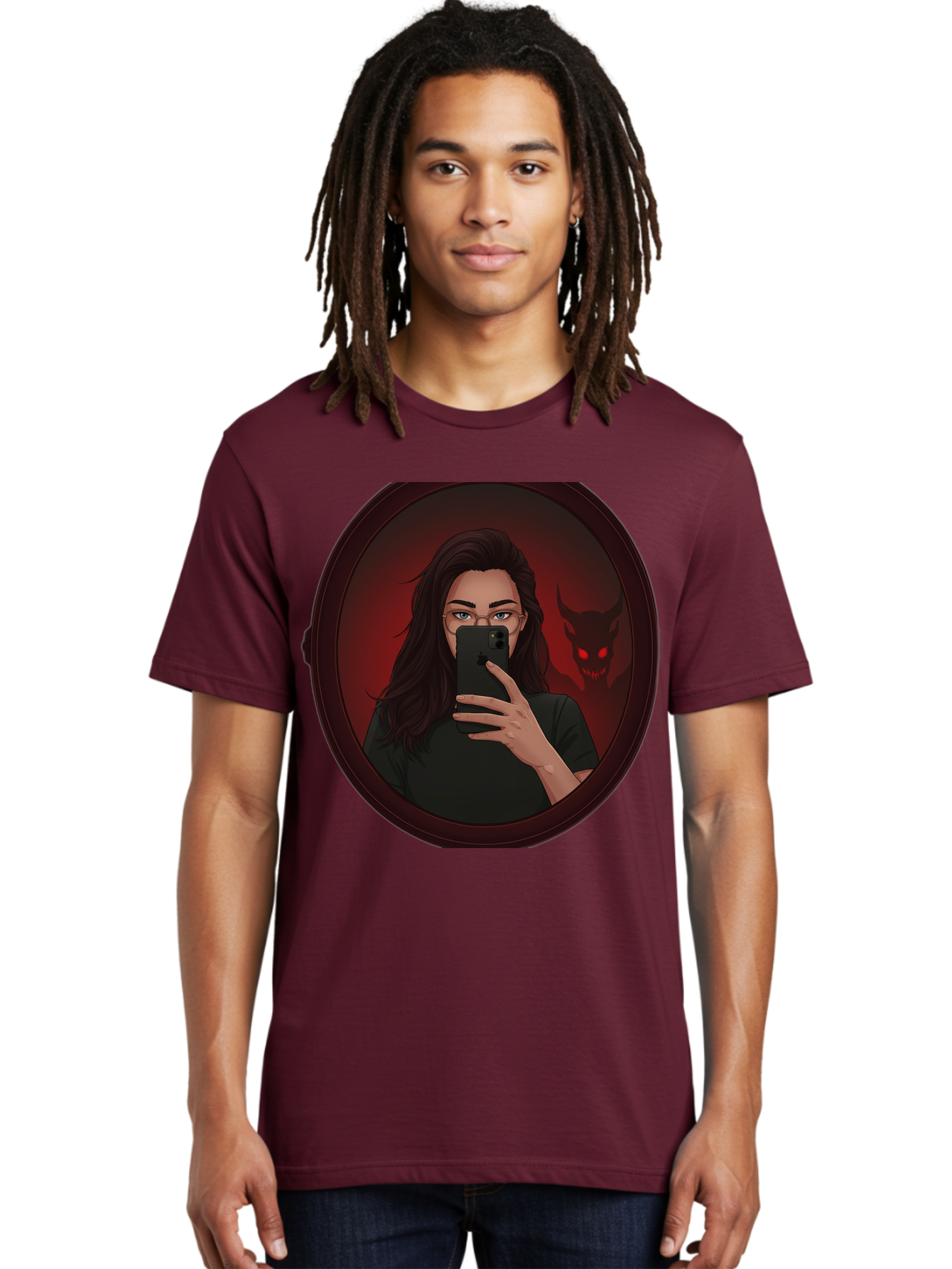 Woman-Taking-Selfie-With-Devil Men'S Graphic Tee, 100% Cotton, Comfortable Casual Summer Wear, Machine Washable, Vintage Camera, Old Camera, Antique Camera, Black Camera, Classic Photography, Photography Equipment, Nostalgic Device, Bap016 22