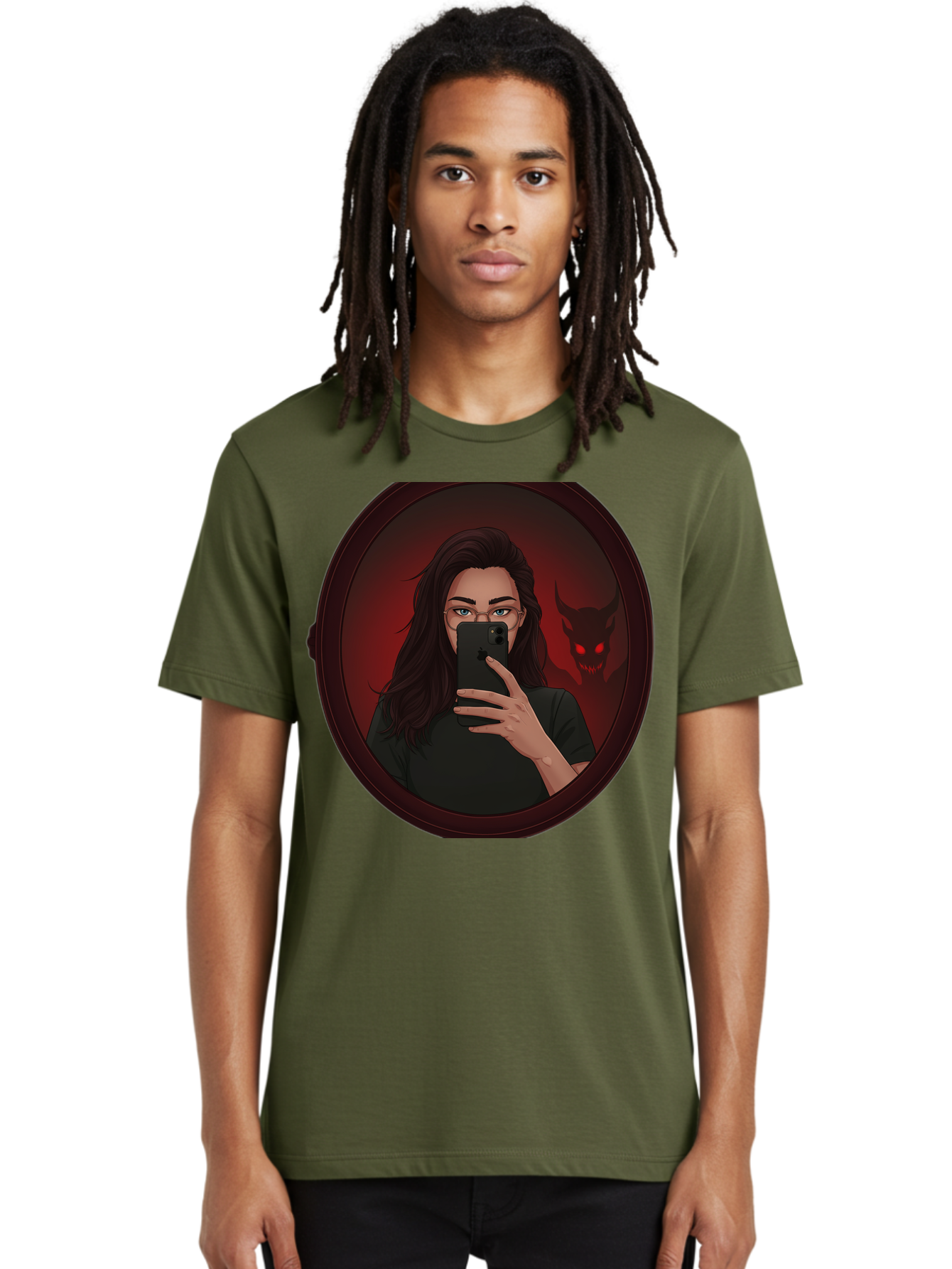 Woman-Taking-Selfie-With-Devil Men'S Graphic Tee, 100% Cotton, Comfortable Casual Summer Wear, Machine Washable, Vintage Camera, Old Camera, Antique Camera, Black Camera, Classic Photography, Photography Equipment, Nostalgic Device, Bap016 19