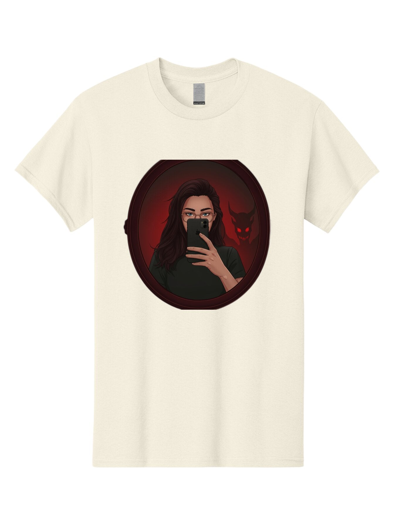 Woman-Taking-Selfie-With-Devil Men'S Graphic Tee, 100% Cotton, Comfortable Casual Summer Wear, Machine Washable, Vintage Camera, Old Camera, Antique Camera, Black Camera, Classic Photography, Photography Equipment, Nostalgic Device, Bap016