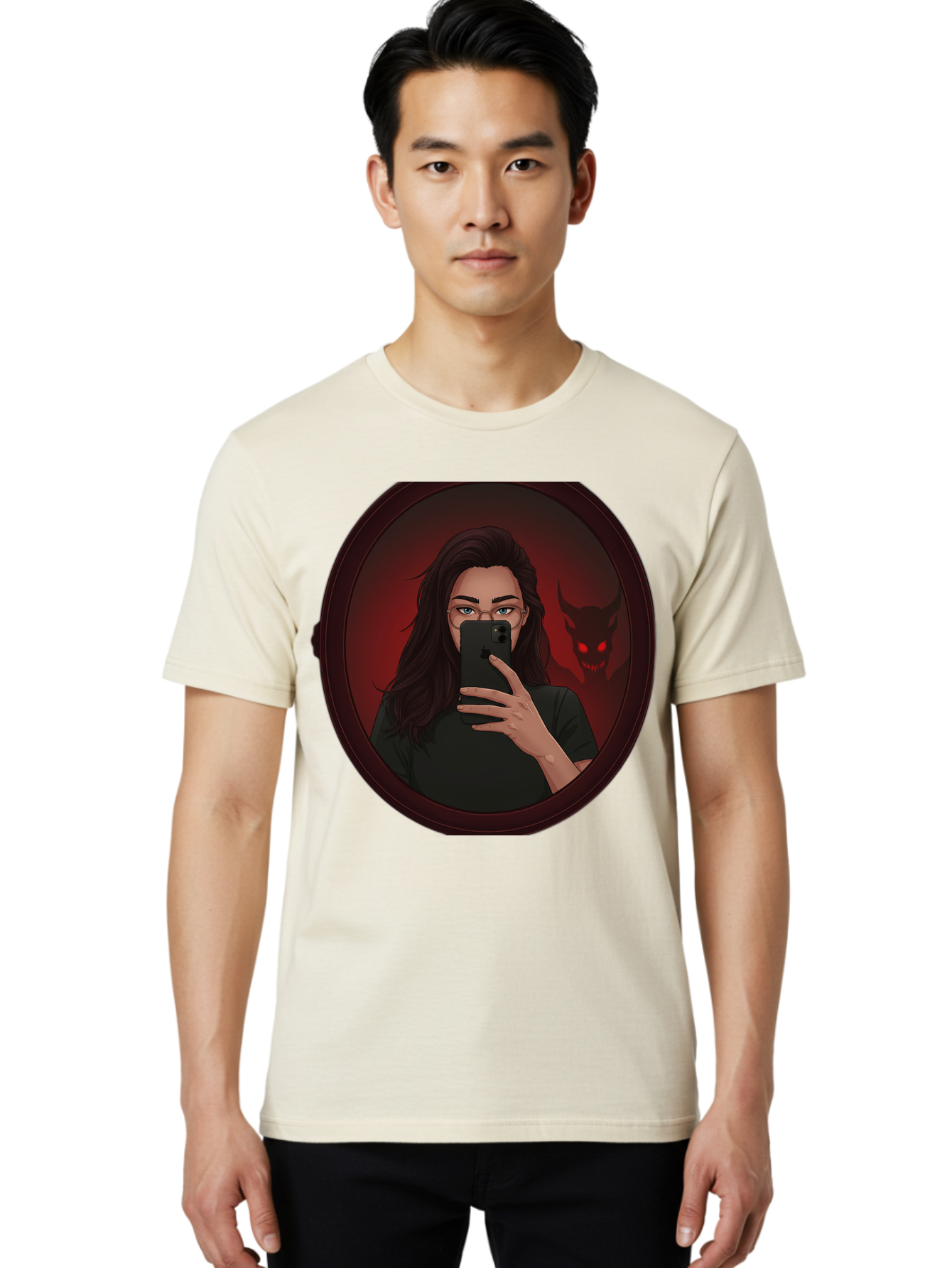 Woman-Taking-Selfie-With-Devil Men'S Graphic Tee, 100% Cotton, Comfortable Casual Summer Wear, Machine Washable, Vintage Camera, Old Camera, Antique Camera, Black Camera, Classic Photography, Photography Equipment, Nostalgic Device, Bap016 25