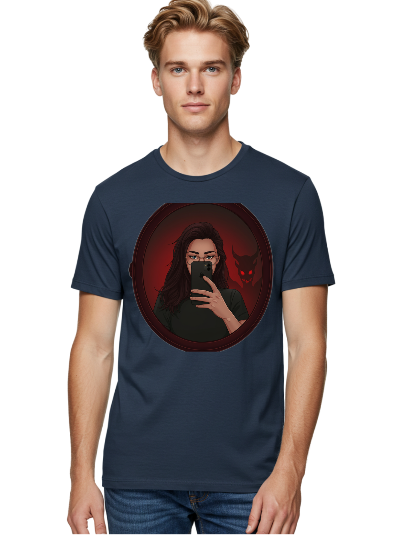Woman-Taking-Selfie-With-Devil Men'S Graphic Tee, 100% Cotton, Comfortable Casual Summer Wear, Machine Washable, Vintage Camera, Old Camera, Antique Camera, Black Camera, Classic Photography, Photography Equipment, Nostalgic Device, Bap016 16