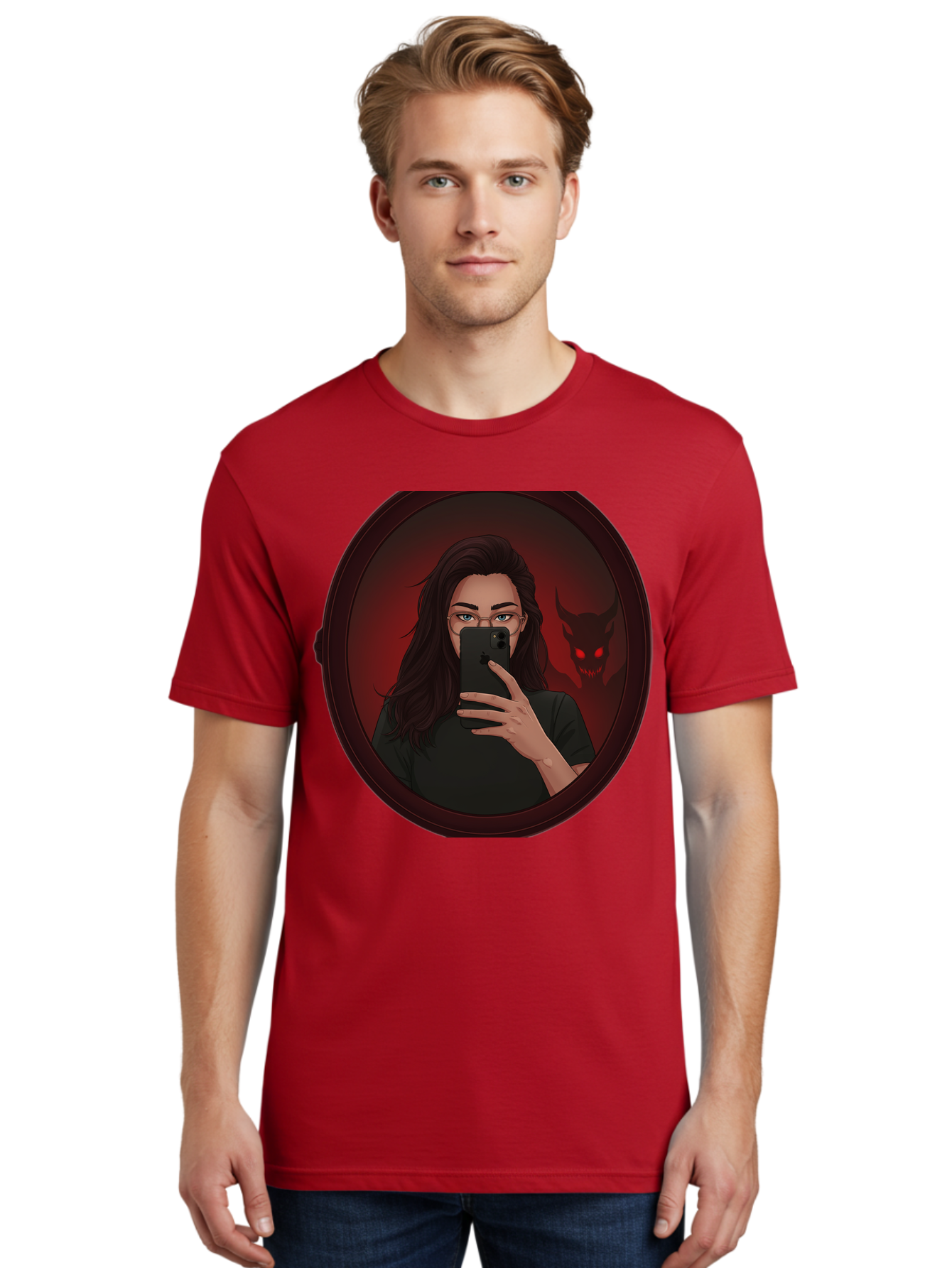 Woman-Taking-Selfie-With-Devil Men'S Graphic Tee, 100% Cotton, Comfortable Casual Summer Wear, Machine Washable, Vintage Camera, Old Camera, Antique Camera, Black Camera, Classic Photography, Photography Equipment, Nostalgic Device, Bap016 28