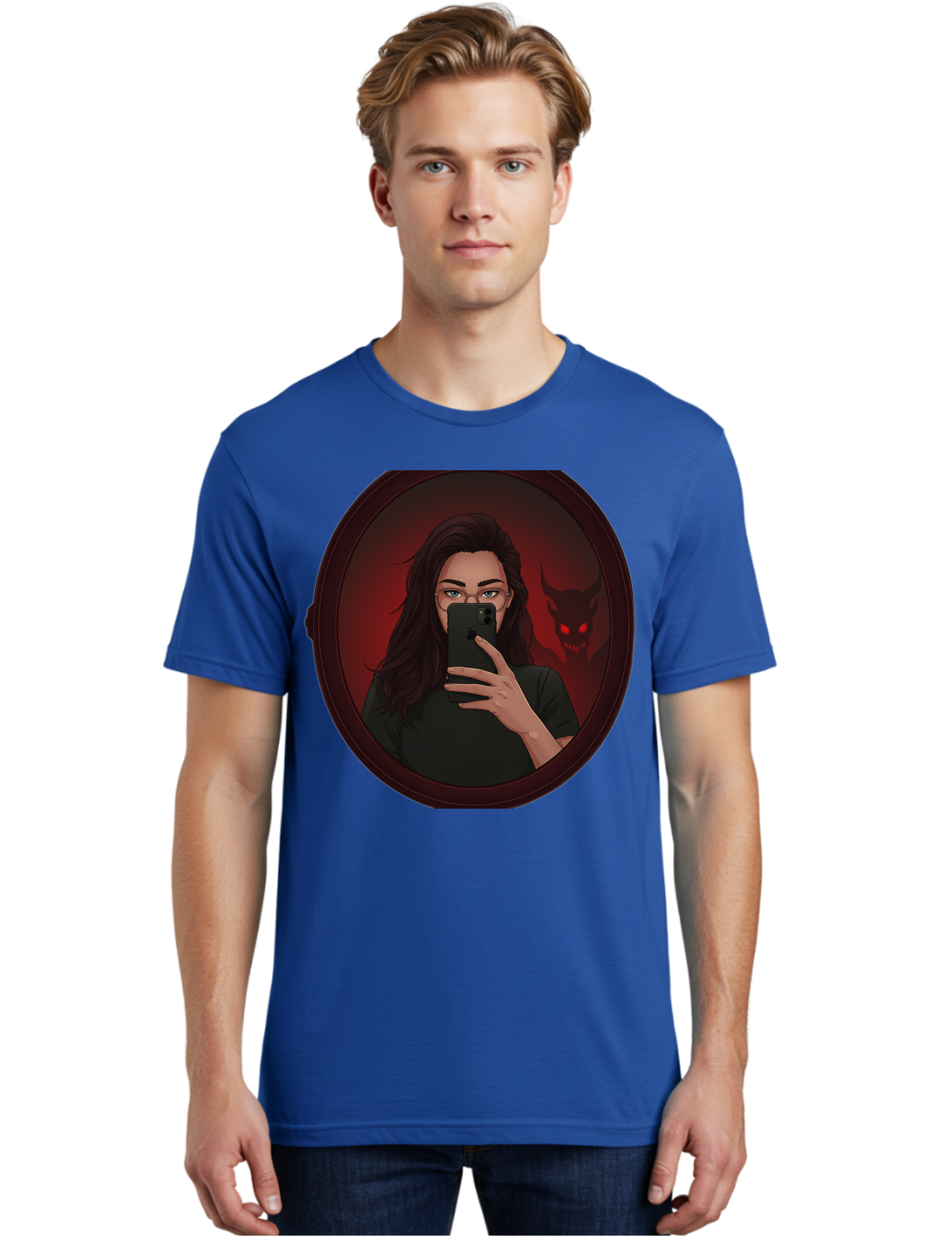 Woman-Taking-Selfie-With-Devil Men'S Graphic Tee, 100% Cotton, Comfortable Casual Summer Wear, Machine Washable, Vintage Camera, Old Camera, Antique Camera, Black Camera, Classic Photography, Photography Equipment, Nostalgic Device, Bap016 30