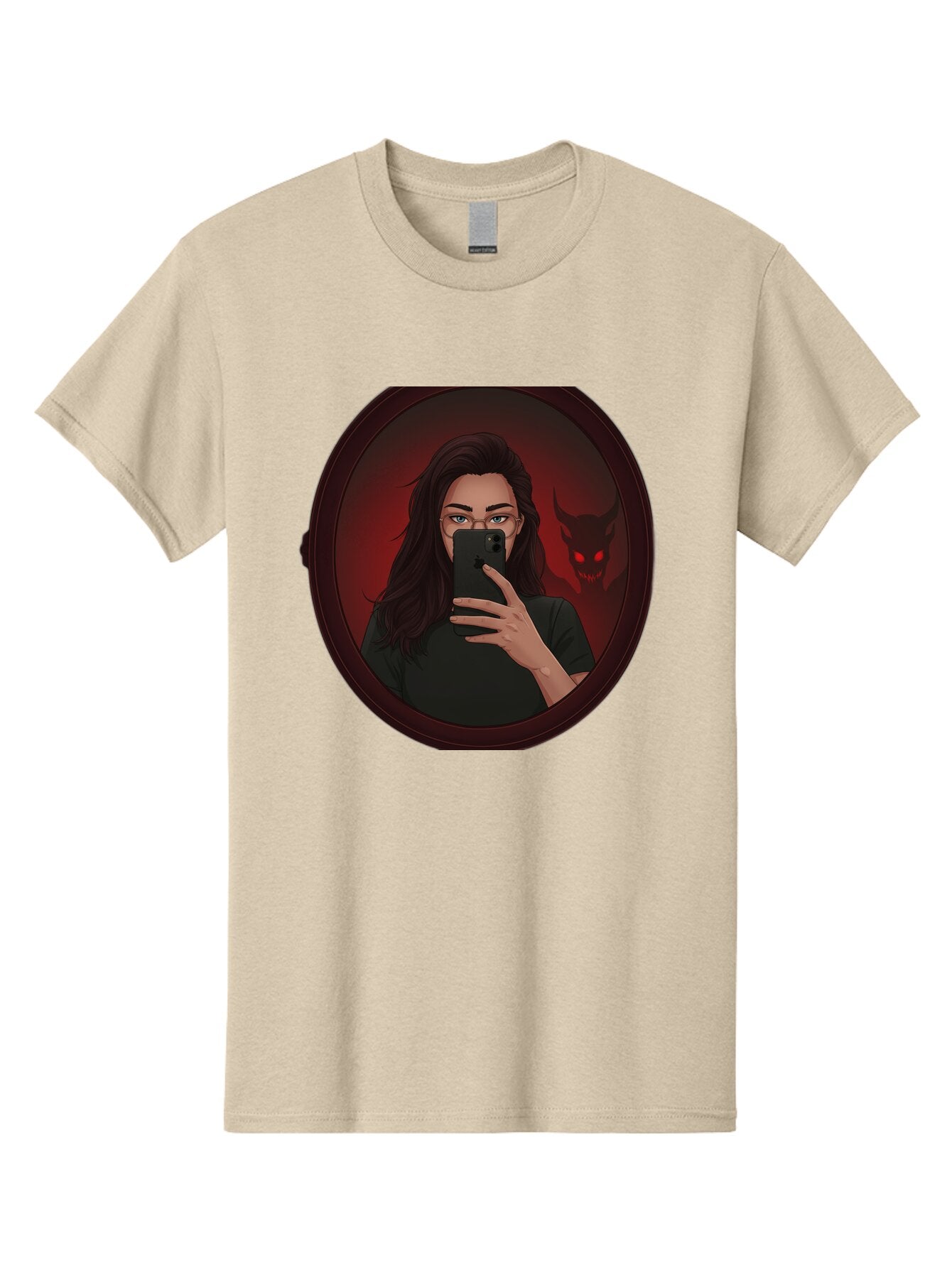 Woman-Taking-Selfie-With-Devil Men'S Graphic Tee, 100% Cotton, Comfortable Casual Summer Wear, Machine Washable, Vintage Camera, Old Camera, Antique Camera, Black Camera, Classic Photography, Photography Equipment, Nostalgic Device, Bap016 3