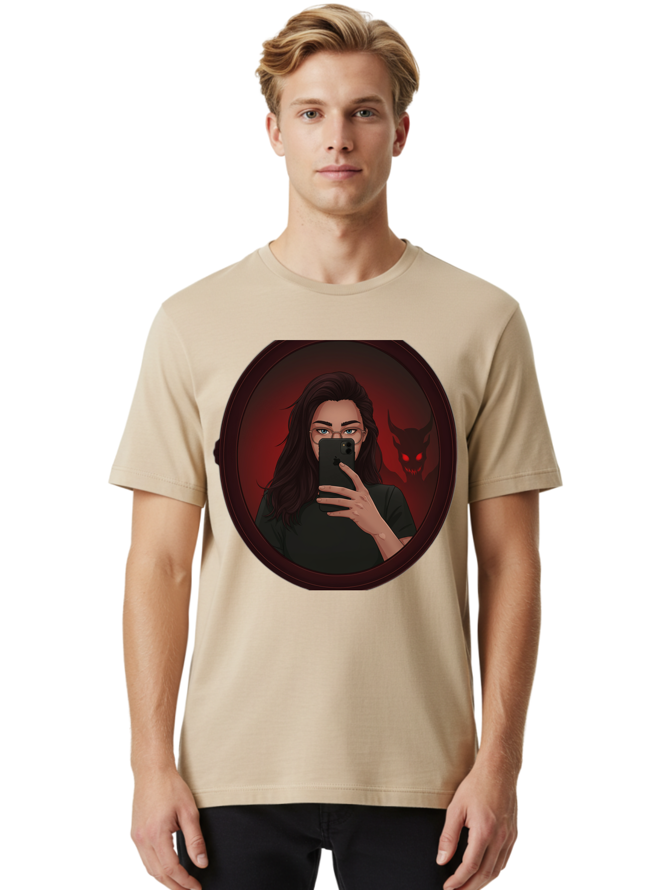 Woman-Taking-Selfie-With-Devil Men'S Graphic Tee, 100% Cotton, Comfortable Casual Summer Wear, Machine Washable, Vintage Camera, Old Camera, Antique Camera, Black Camera, Classic Photography, Photography Equipment, Nostalgic Device, Bap016 24