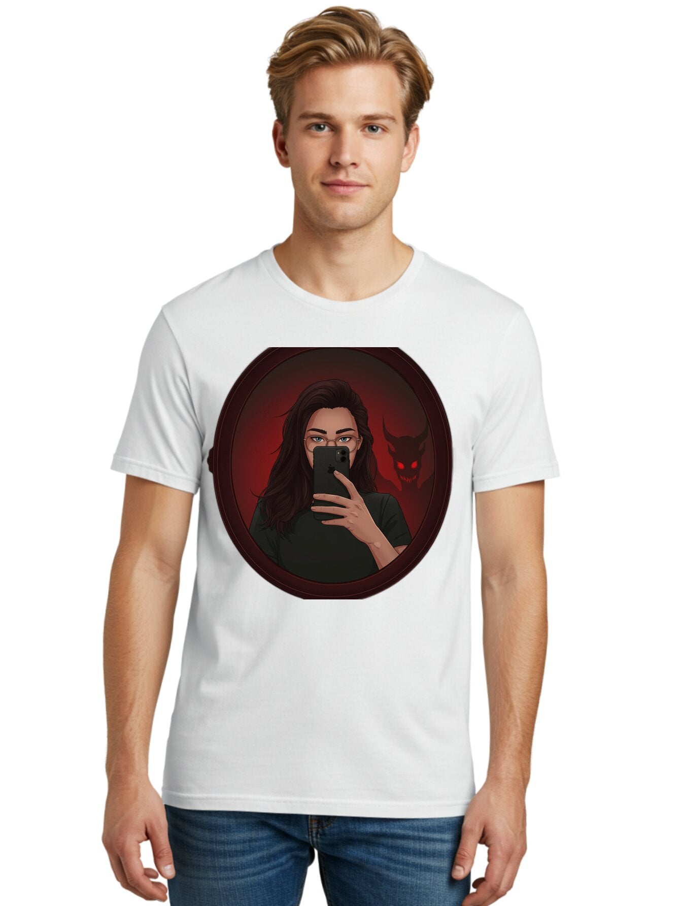 Woman-Taking-Selfie-With-Devil Men'S Graphic Tee, 100% Cotton, Comfortable Casual Summer Wear, Machine Washable, Vintage Camera, Old Camera, Antique Camera, Black Camera, Classic Photography, Photography Equipment, Nostalgic Device, Bap016 18