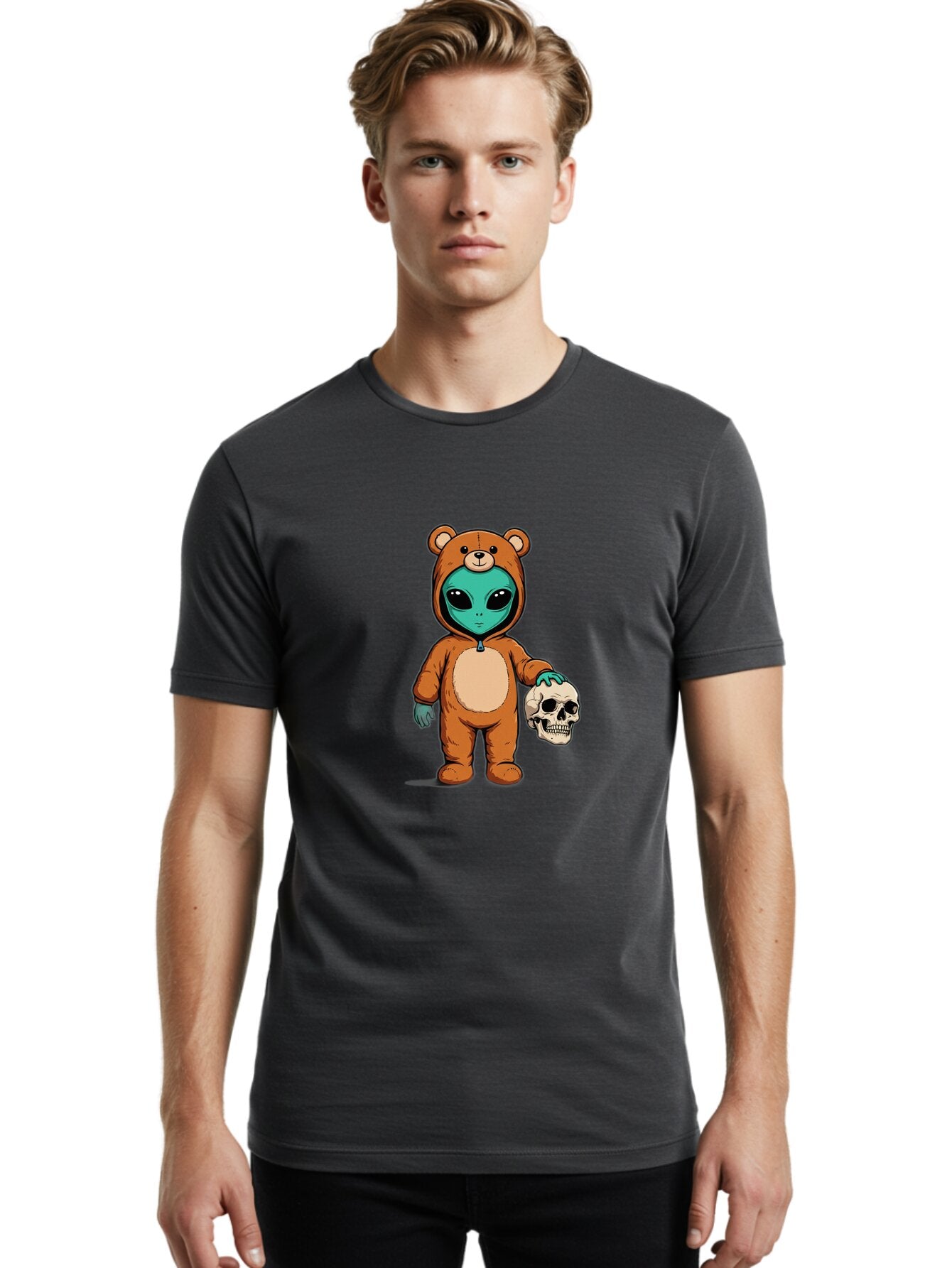 Alien-In-Bear-Suit-Holding-Skull Men'S Graphic Tee, 100% Cotton, Comfortable Casual Summer Wear, Machine Washable, Vintage Camera, Old Camera, Antique Camera, Black Camera, Classic Photography, Photography Equipment, Nostalgic Device, Bap057 27