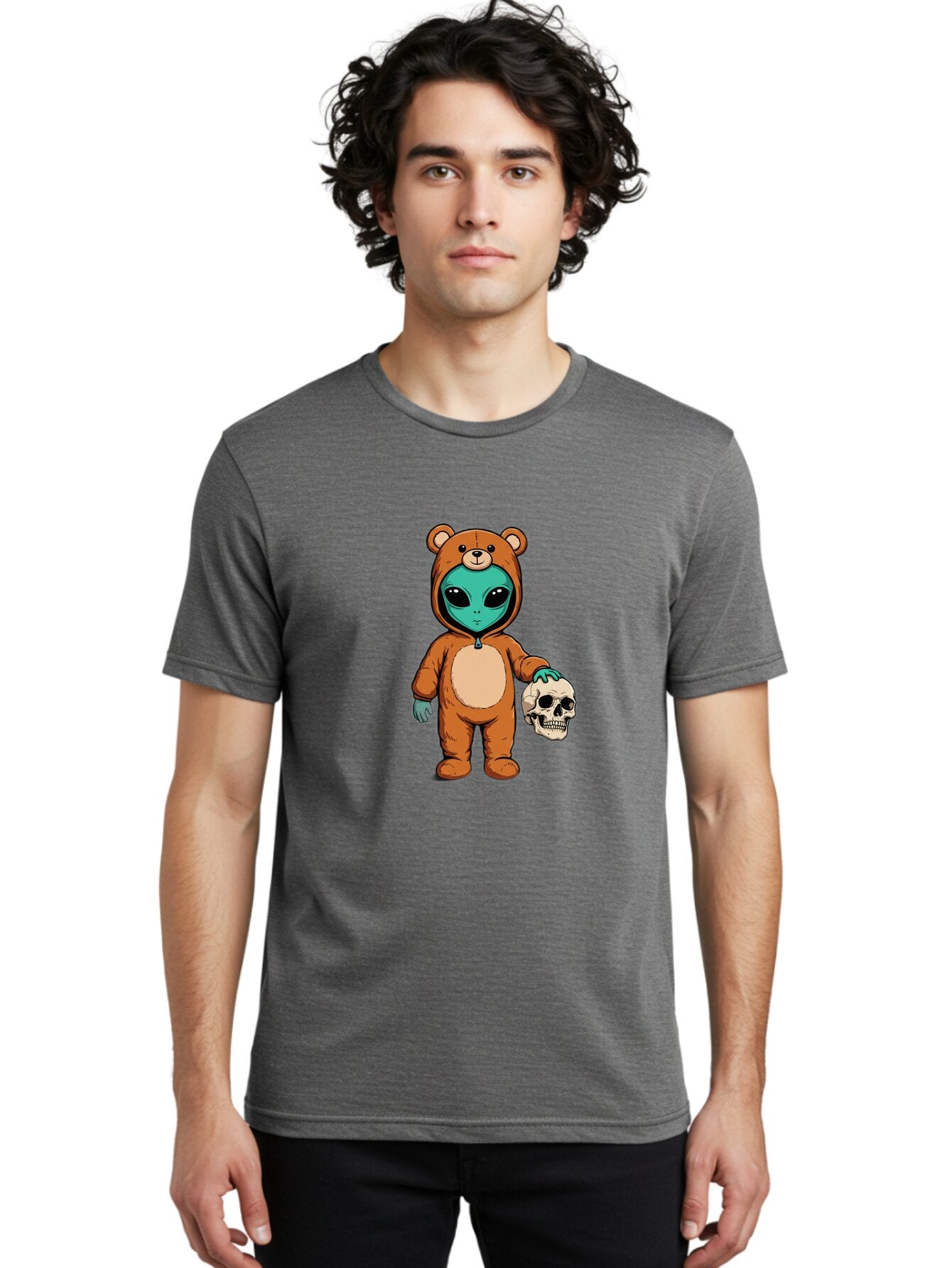 Alien-In-Bear-Suit-Holding-Skull Men'S Graphic Tee, 100% Cotton, Comfortable Casual Summer Wear, Machine Washable, Vintage Camera, Old Camera, Antique Camera, Black Camera, Classic Photography, Photography Equipment, Nostalgic Device, Bap057 21
