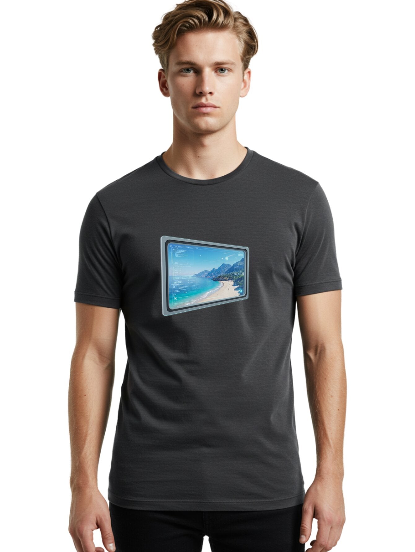 Beach-Landscape-Monitor Men'S Graphic Tee, 100% Cotton, Comfortable Casual Summer Wear, Machine Washable, Vintage Camera, Old Camera, Antique Camera, Black Camera, Classic Photography, Photography Equipment, Nostalgic Device, Film Camera, Bap126 25