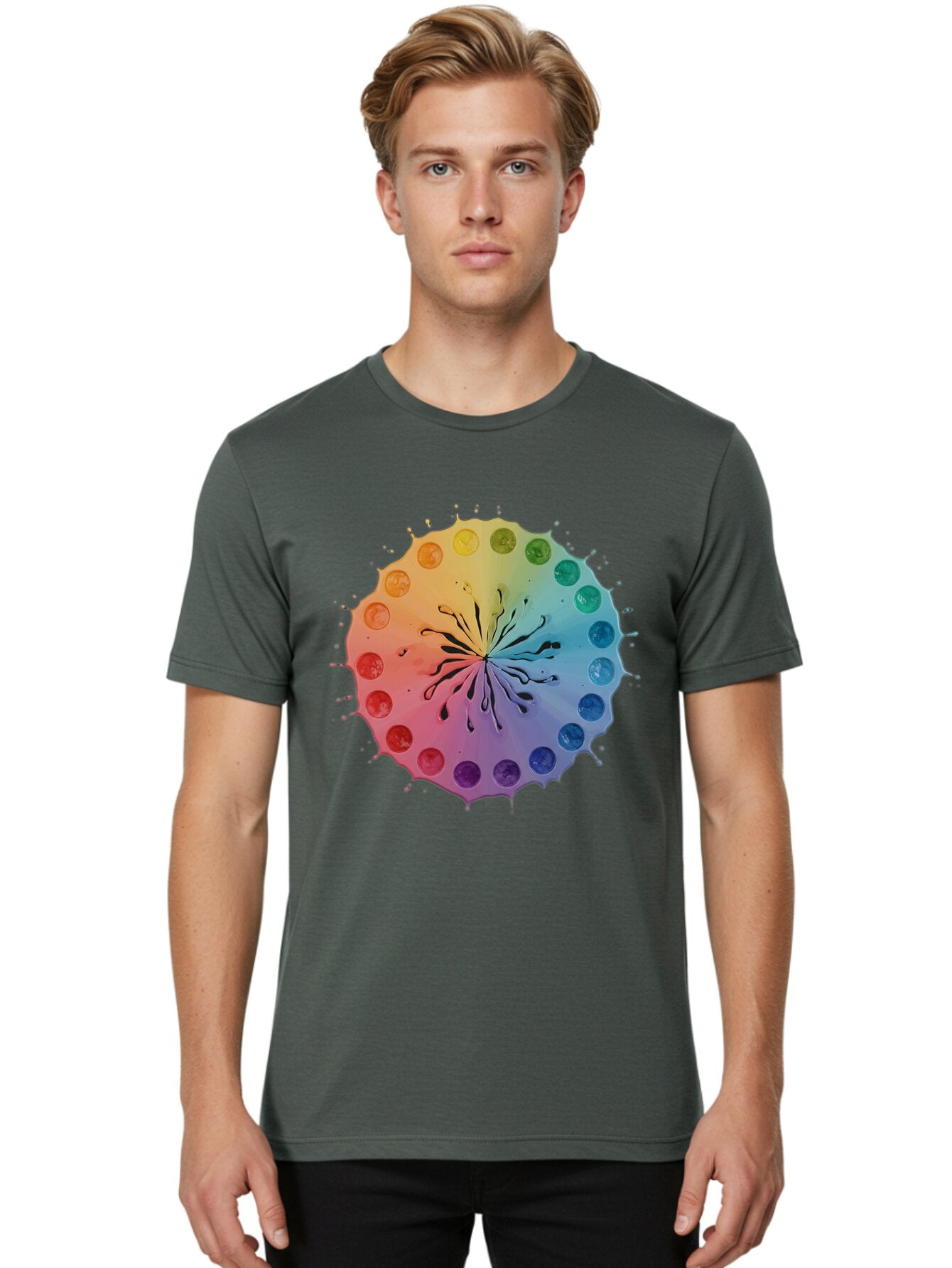 Rainbow-Ink-Splatter Men'S Graphic Tee, 100% Cotton, Comfortable Casual Summer Wear, Machine Washable, Vintage Camera, Old Camera, Antique Camera, Black Camera, Classic Photography, Photography Equipment, Nostalgic Device, Film Camera, Bap900 18