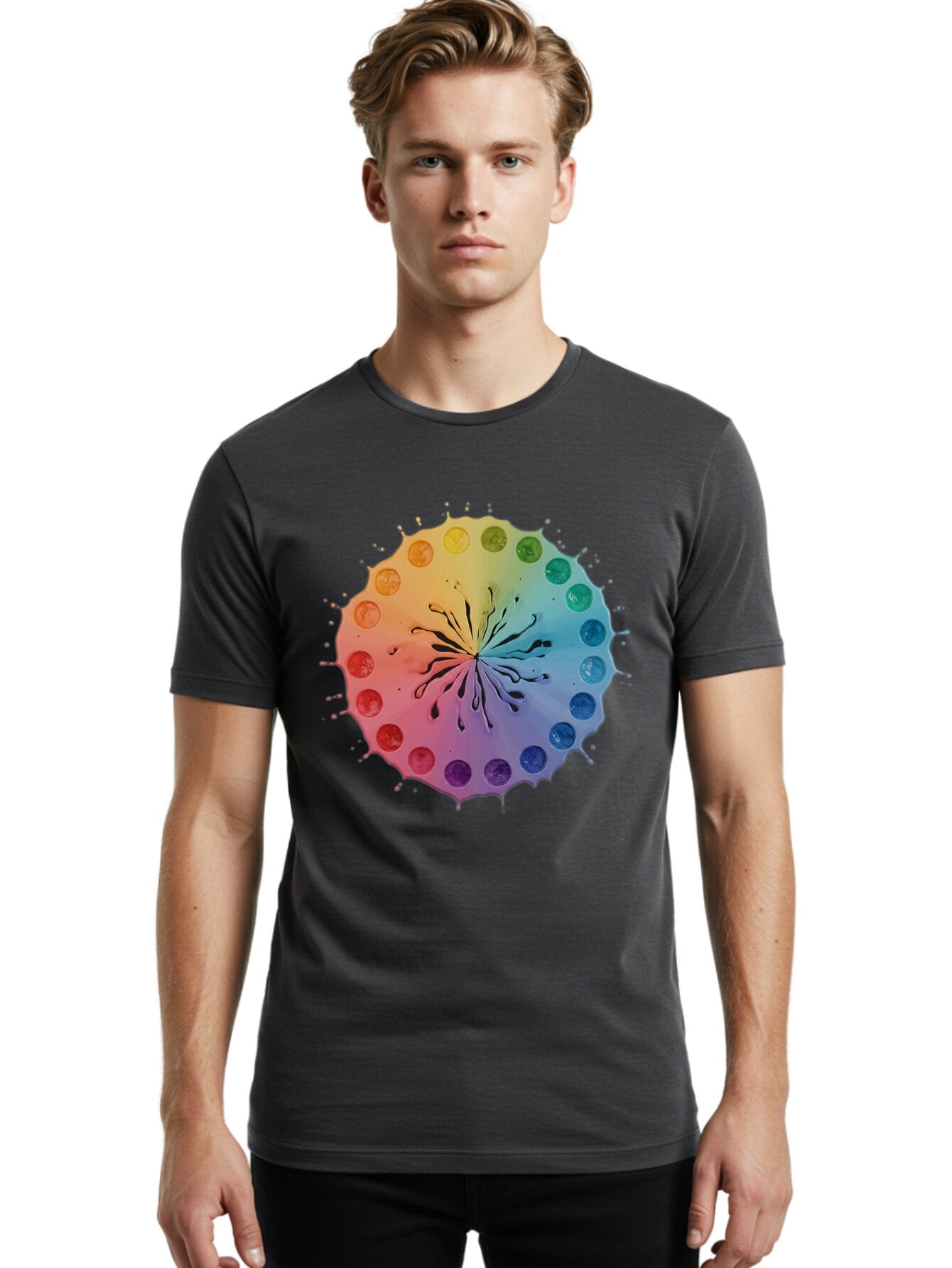 Rainbow-Ink-Splatter Men'S Graphic Tee, 100% Cotton, Comfortable Casual Summer Wear, Machine Washable, Vintage Camera, Old Camera, Antique Camera, Black Camera, Classic Photography, Photography Equipment, Nostalgic Device, Film Camera, Bap900 24