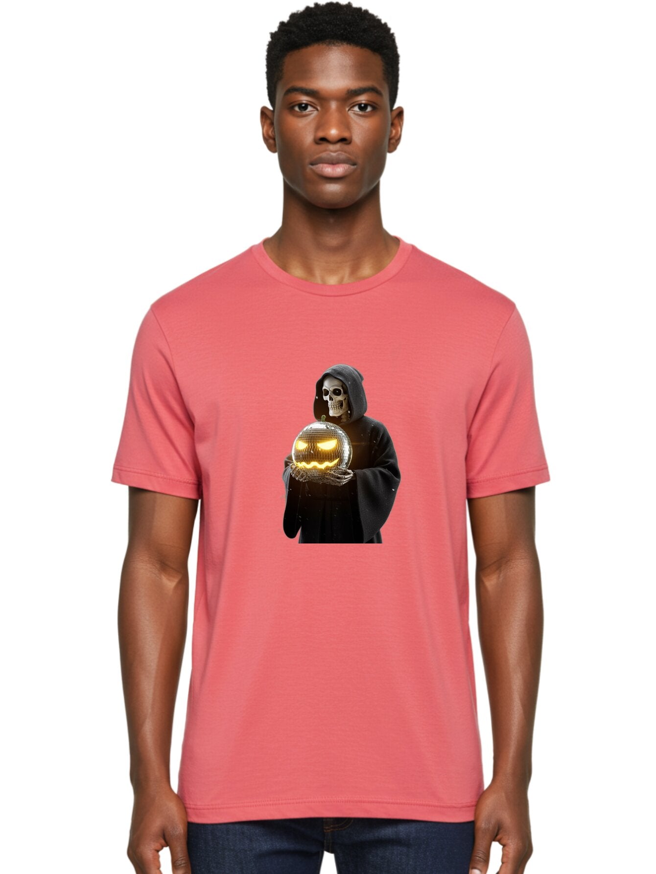 Reaper-Holding-Disco-Ball-Pumpkin Men'S Graphic Tee, 100% Cotton, Comfortable Casual Summer Wear, Machine Washable, Vintage Camera, Old Camera, Antique Camera, Black Camera, Classic Photography, Photography Equipment, Nostalgic Device, Bap924 21