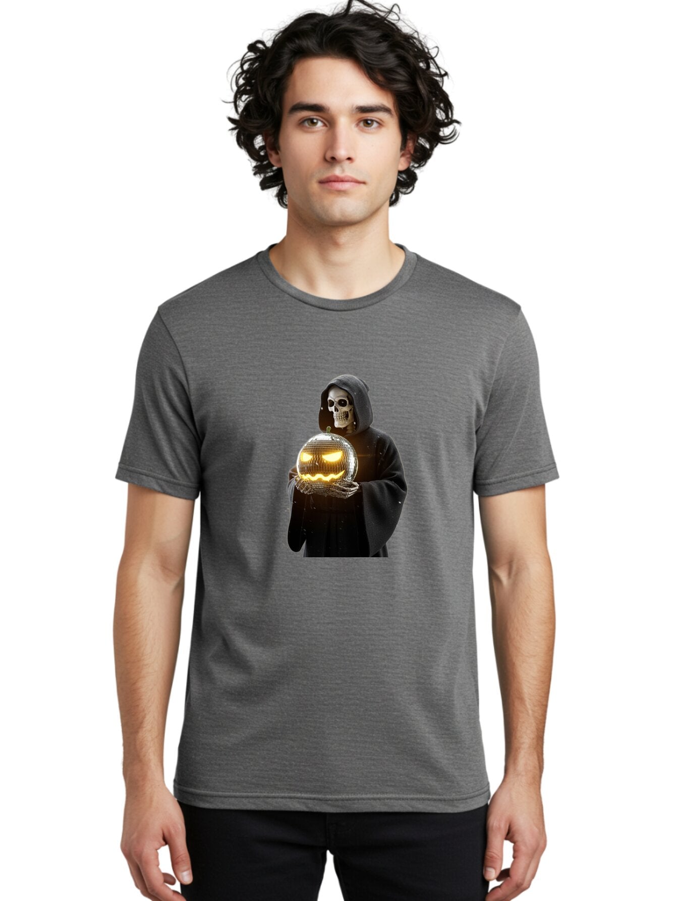 Reaper-Holding-Disco-Ball-Pumpkin Men'S Graphic Tee, 100% Cotton, Comfortable Casual Summer Wear, Machine Washable, Vintage Camera, Old Camera, Antique Camera, Black Camera, Classic Photography, Photography Equipment, Nostalgic Device, Bap924 18