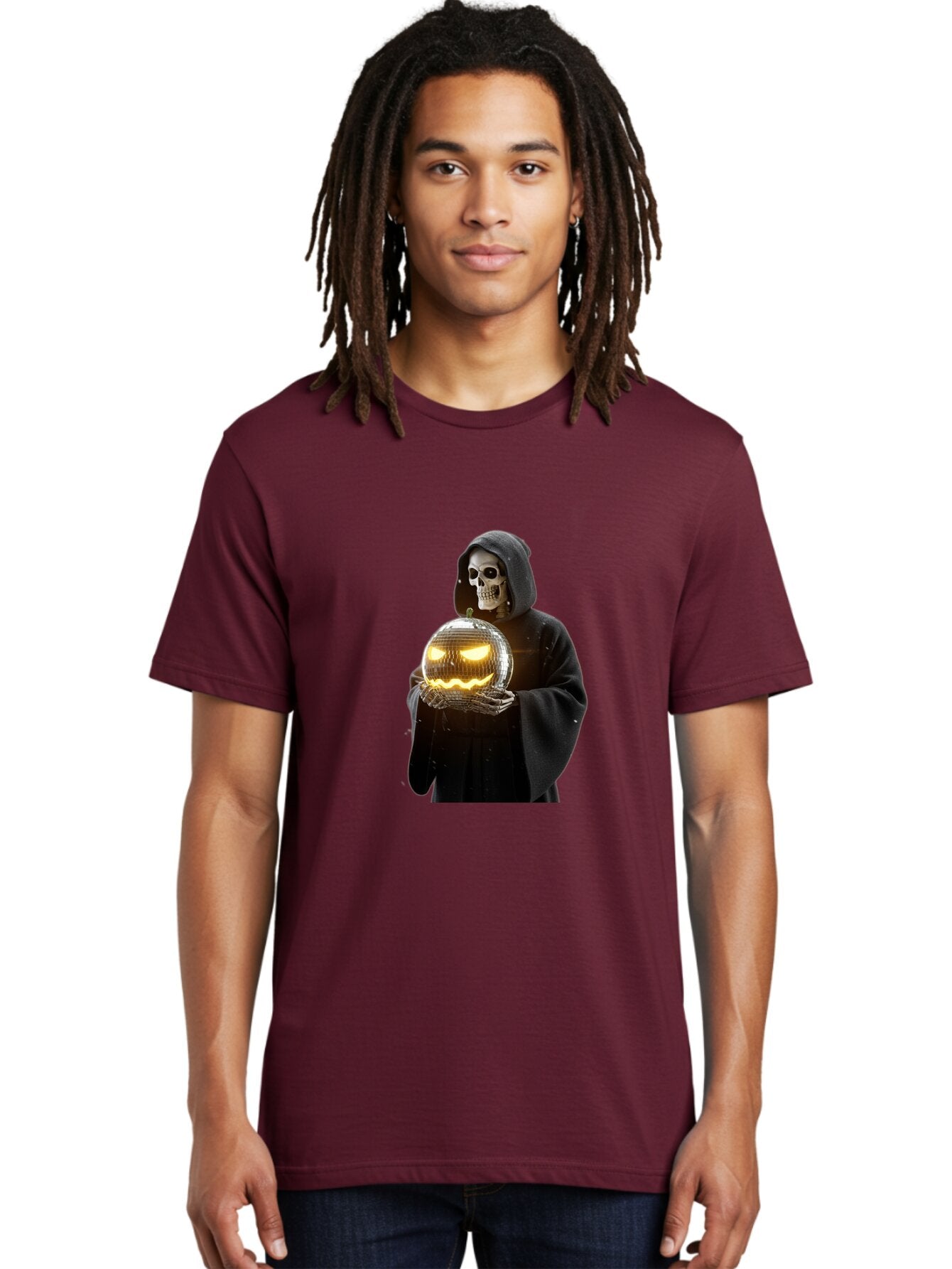 Reaper-Holding-Disco-Ball-Pumpkin Men'S Graphic Tee, 100% Cotton, Comfortable Casual Summer Wear, Machine Washable, Vintage Camera, Old Camera, Antique Camera, Black Camera, Classic Photography, Photography Equipment, Nostalgic Device, Bap924 26
