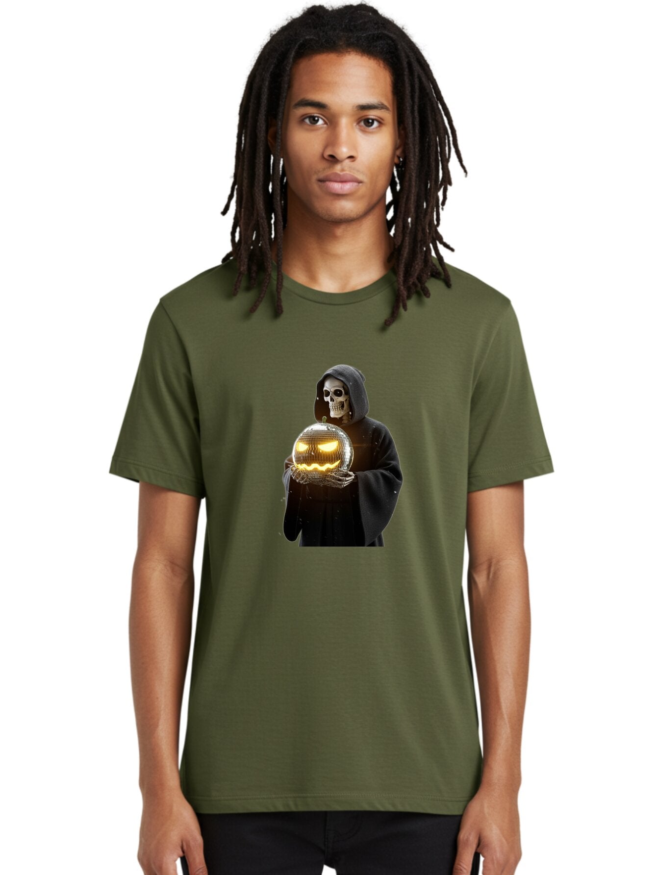 Reaper-Holding-Disco-Ball-Pumpkin Men'S Graphic Tee, 100% Cotton, Comfortable Casual Summer Wear, Machine Washable, Vintage Camera, Old Camera, Antique Camera, Black Camera, Classic Photography, Photography Equipment, Nostalgic Device, Bap924 25