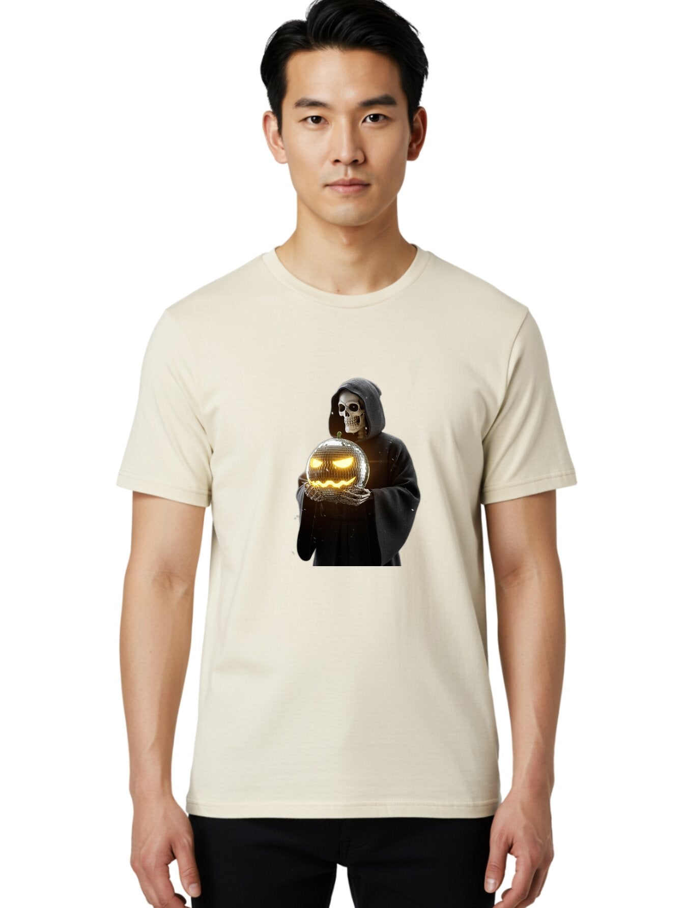 Reaper-Holding-Disco-Ball-Pumpkin Men'S Graphic Tee, 100% Cotton, Comfortable Casual Summer Wear, Machine Washable, Vintage Camera, Old Camera, Antique Camera, Black Camera, Classic Photography, Photography Equipment, Nostalgic Device, Bap924 22