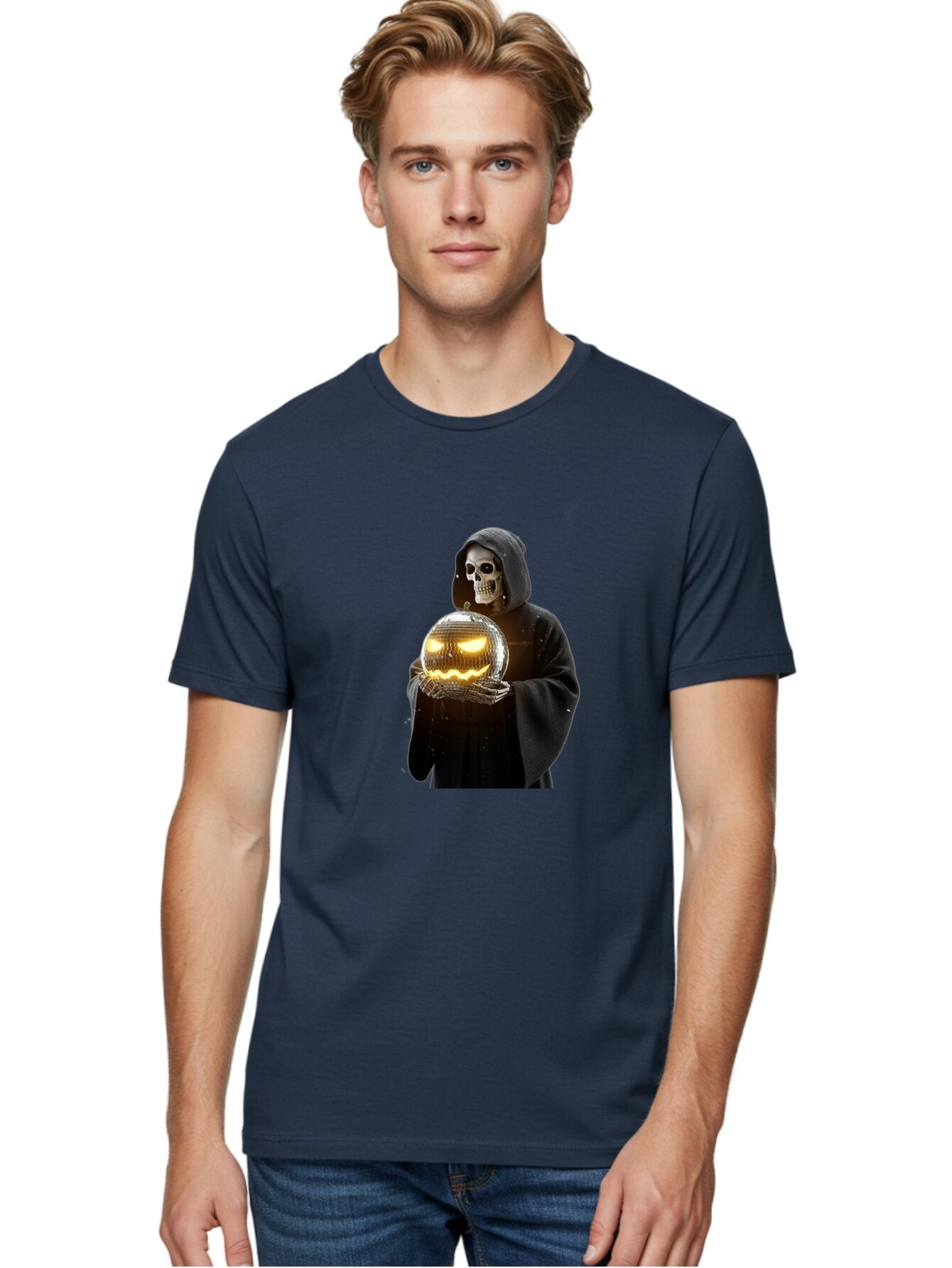 Reaper-Holding-Disco-Ball-Pumpkin Men'S Graphic Tee, 100% Cotton, Comfortable Casual Summer Wear, Machine Washable, Vintage Camera, Old Camera, Antique Camera, Black Camera, Classic Photography, Photography Equipment, Nostalgic Device, Bap924 23