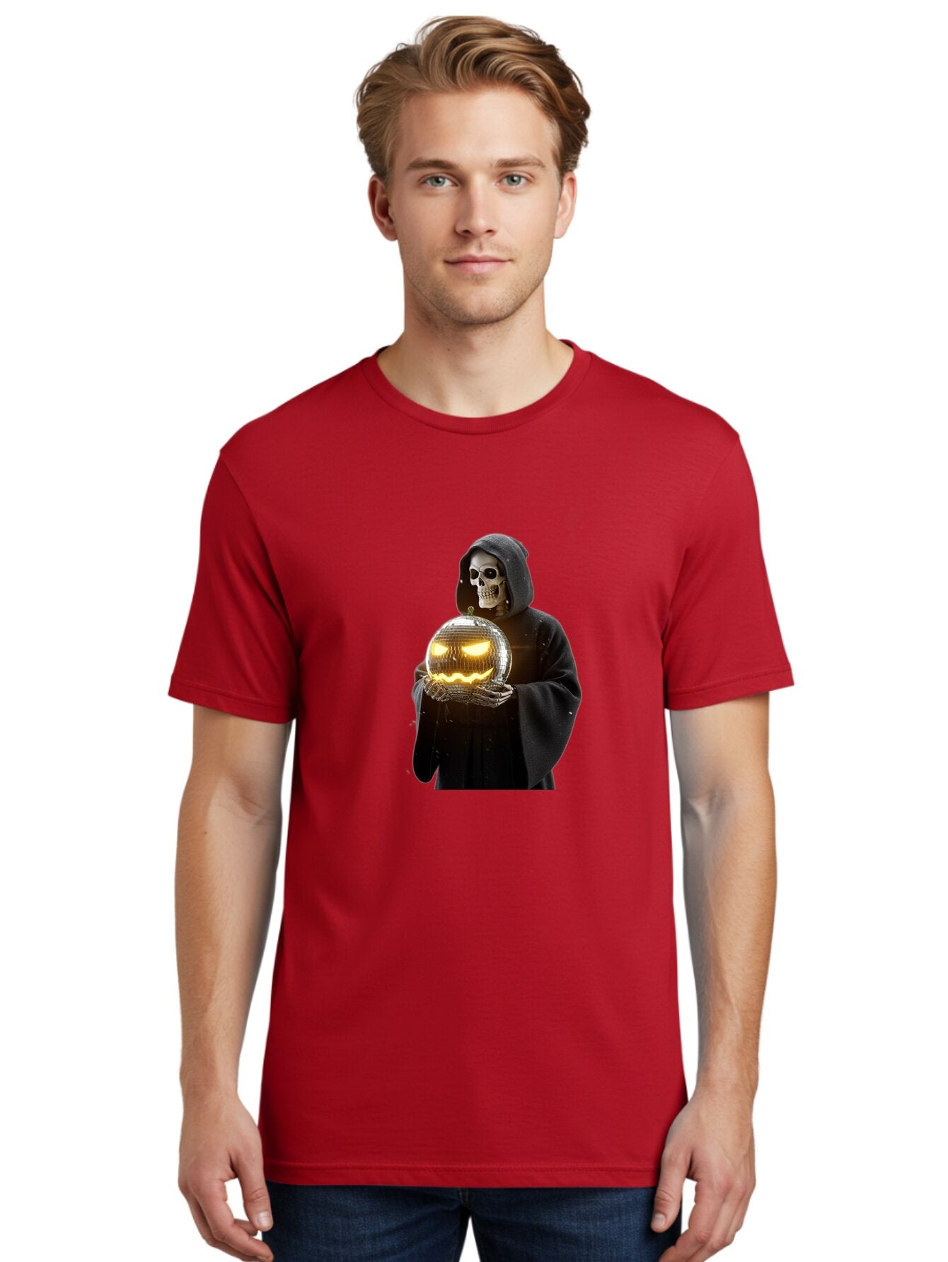 Reaper-Holding-Disco-Ball-Pumpkin Men'S Graphic Tee, 100% Cotton, Comfortable Casual Summer Wear, Machine Washable, Vintage Camera, Old Camera, Antique Camera, Black Camera, Classic Photography, Photography Equipment, Nostalgic Device, Bap924 19