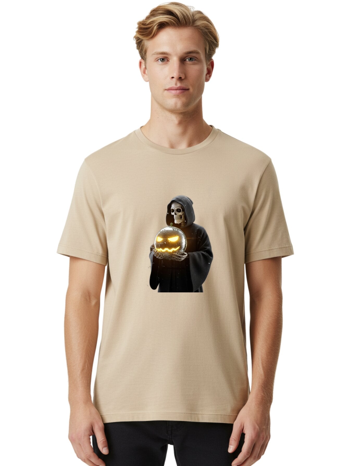 Reaper-Holding-Disco-Ball-Pumpkin Men'S Graphic Tee, 100% Cotton, Comfortable Casual Summer Wear, Machine Washable, Vintage Camera, Old Camera, Antique Camera, Black Camera, Classic Photography, Photography Equipment, Nostalgic Device, Bap924 16