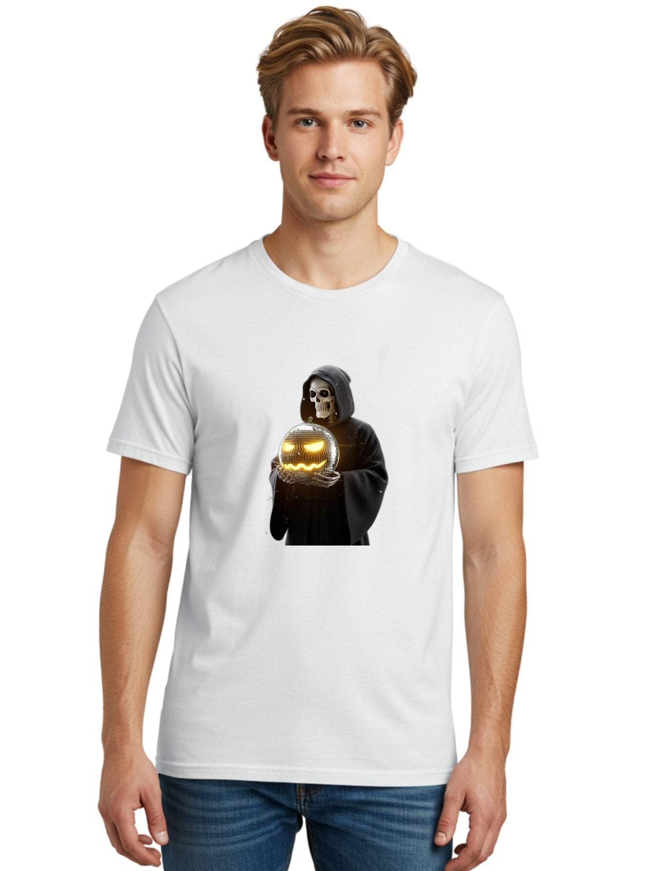 Reaper-Holding-Disco-Ball-Pumpkin Men'S Graphic Tee, 100% Cotton, Comfortable Casual Summer Wear, Machine Washable, Vintage Camera, Old Camera, Antique Camera, Black Camera, Classic Photography, Photography Equipment, Nostalgic Device, Bap924 24