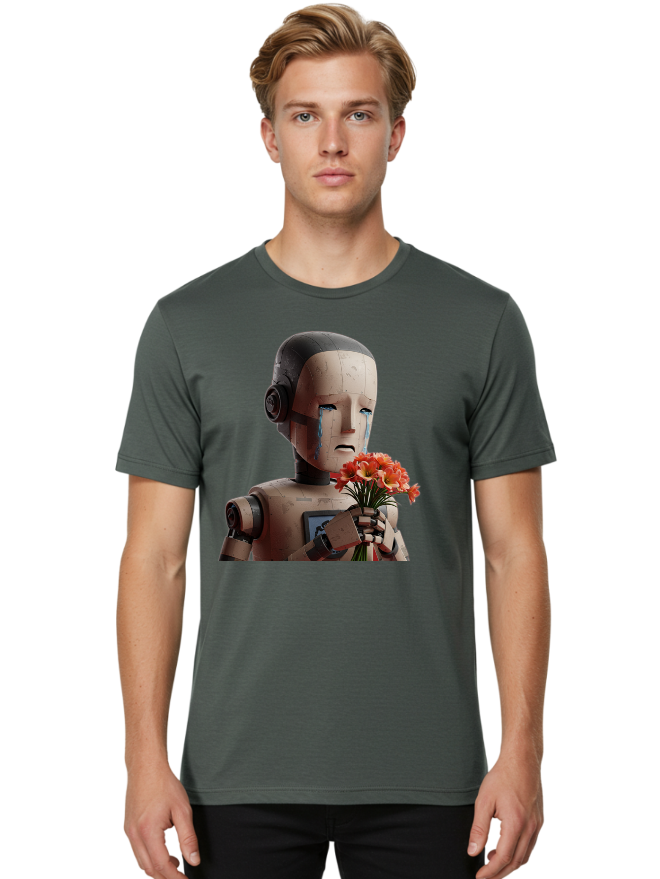 Robot-Holding-Bouquet-Of-Flowers Men'S Graphic Tee, 100% Cotton, Comfortable Casual Summer Wear, Machine Washable, Vintage Camera, Old Camera, Antique Camera, Black Camera, Classic Photography, Photography Equipment, Nostalgic Device, Bap951 23