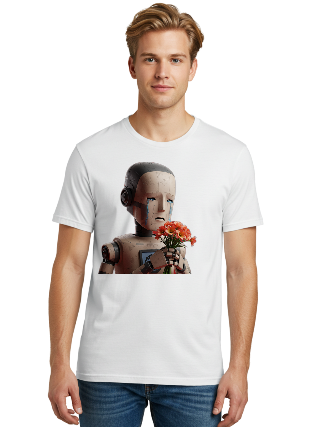 Robot-Holding-Bouquet-Of-Flowers Men'S Graphic Tee, 100% Cotton, Comfortable Casual Summer Wear, Machine Washable, Vintage Camera, Old Camera, Antique Camera, Black Camera, Classic Photography, Photography Equipment, Nostalgic Device, Bap951 25