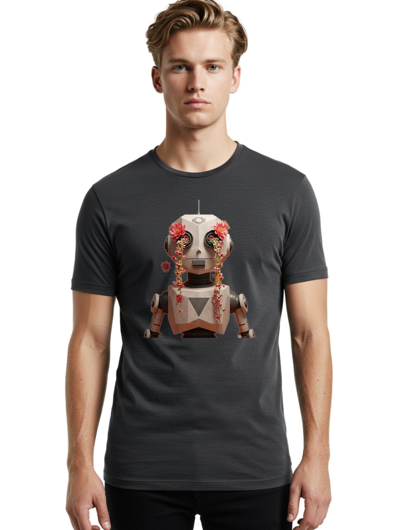 Robot-With-Flowers-1 Men'S Graphic Tee, 100% Cotton, Comfortable Casual Summer Wear, Machine Washable, Vintage Camera, Old Camera, Antique Camera, Black Camera, Classic Photography, Photography Equipment, Nostalgic Device, Film Camera, Bap954 25