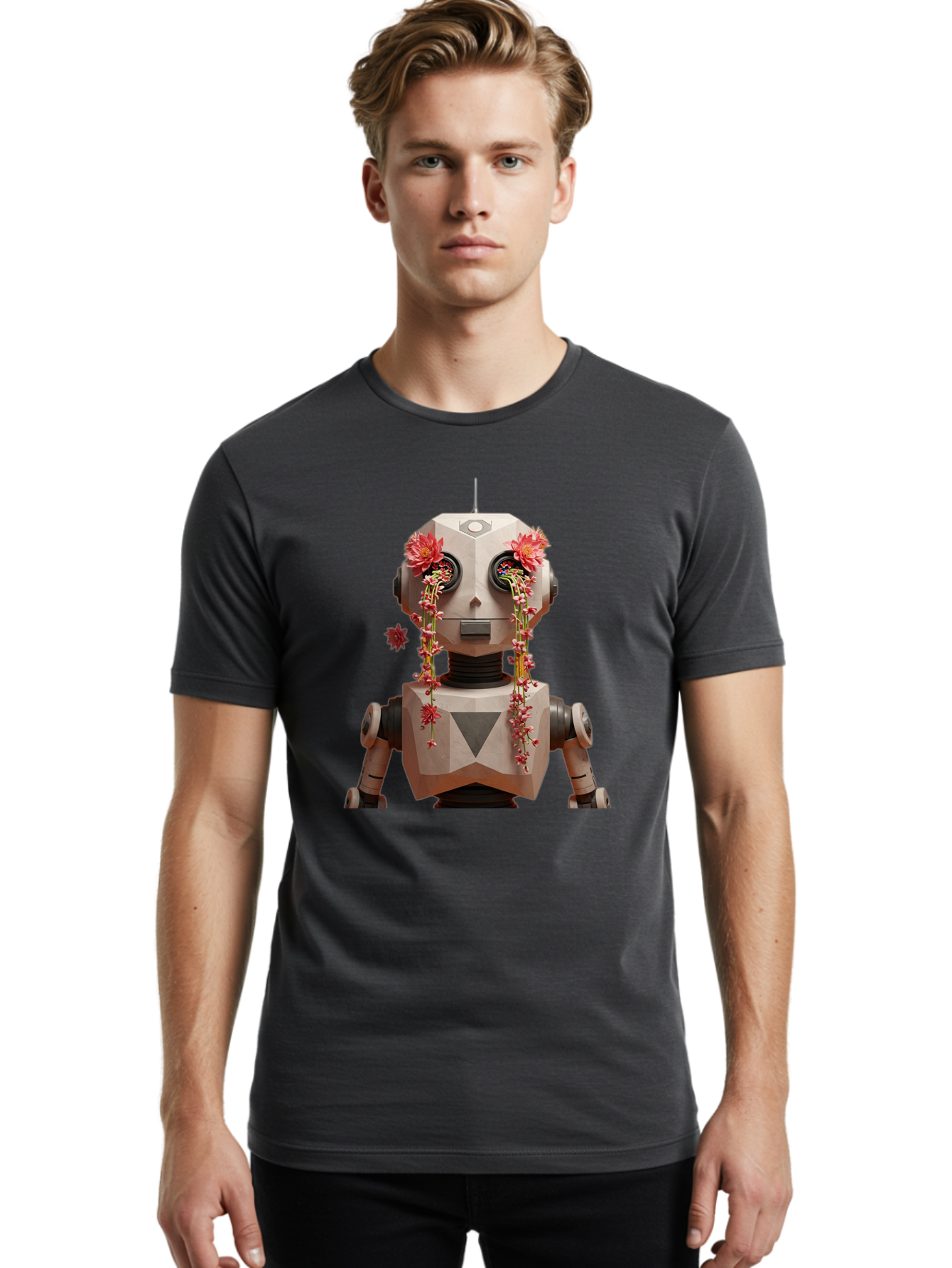 Robot-With-Flowers-1 Men'S Graphic Tee, 100% Cotton, Comfortable Casual Summer Wear, Machine Washable, Vintage Camera, Old Camera, Antique Camera, Black Camera, Classic Photography, Photography Equipment, Nostalgic Device, Film Camera, Bap954 21