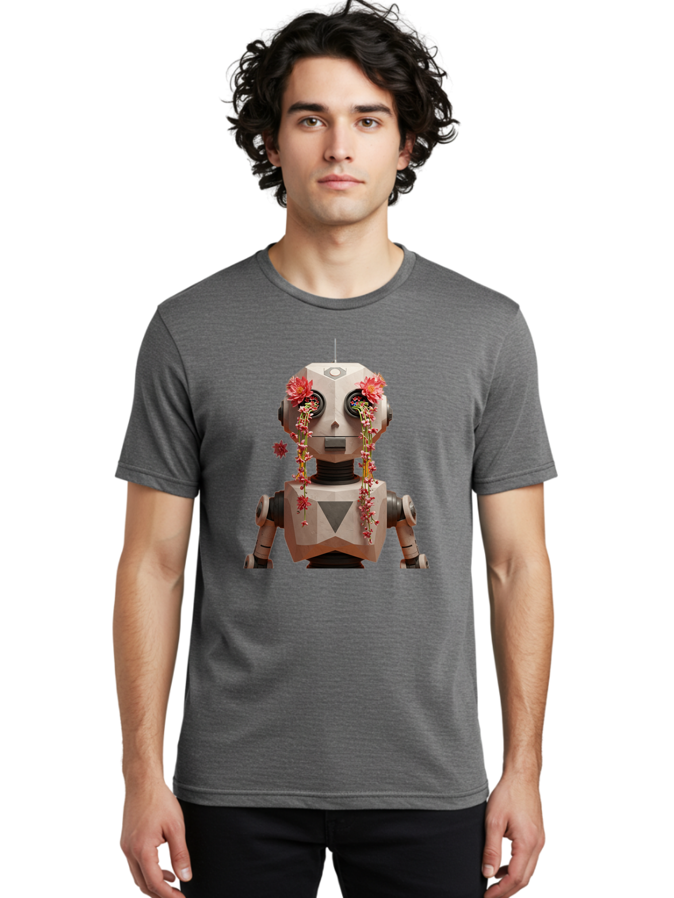Robot-With-Flowers-1 Men'S Graphic Tee, 100% Cotton, Comfortable Casual Summer Wear, Machine Washable, Vintage Camera, Old Camera, Antique Camera, Black Camera, Classic Photography, Photography Equipment, Nostalgic Device, Film Camera, Bap954 27