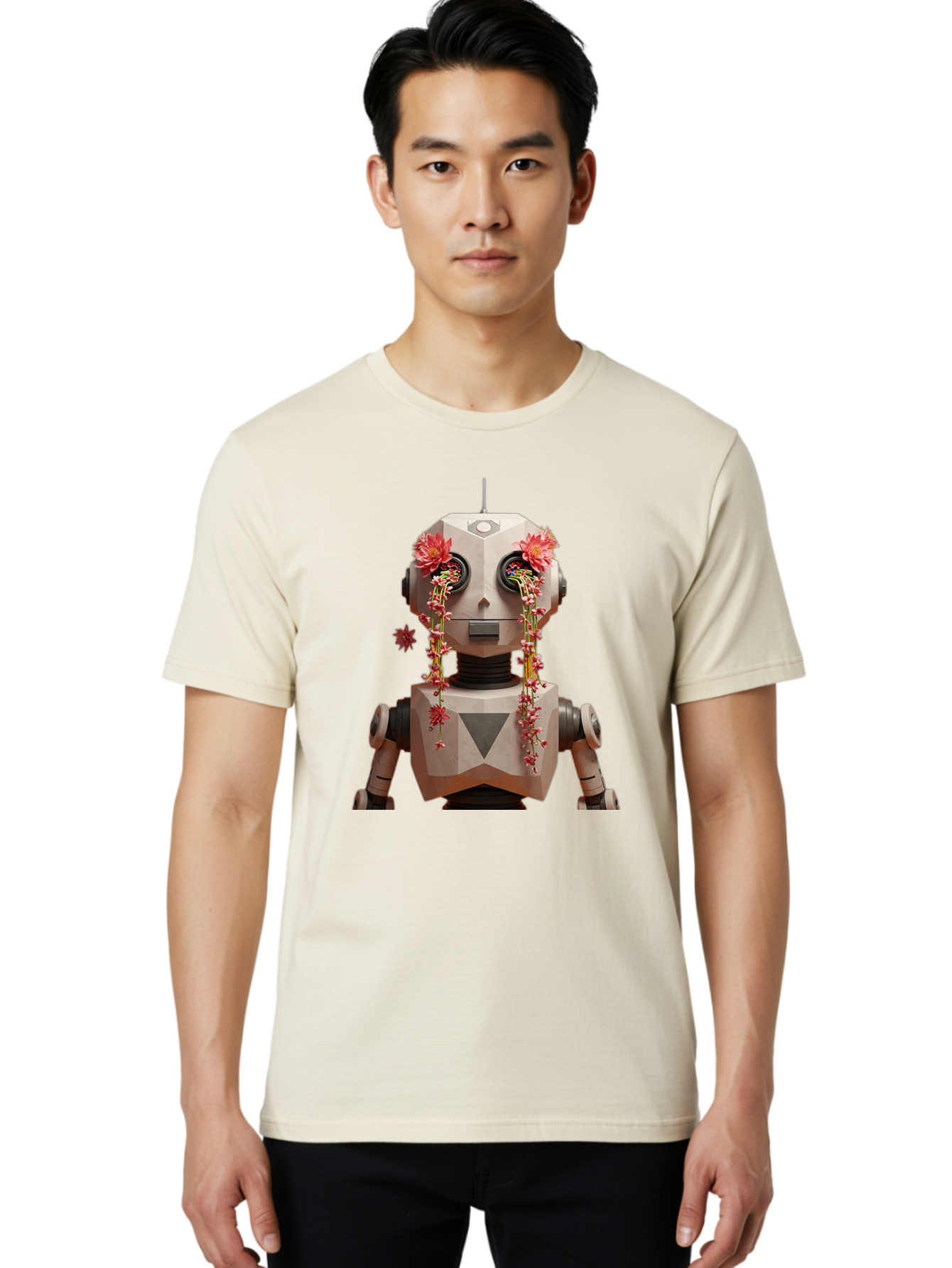 Robot-With-Flowers-1 Men'S Graphic Tee, 100% Cotton, Comfortable Casual Summer Wear, Machine Washable, Vintage Camera, Old Camera, Antique Camera, Black Camera, Classic Photography, Photography Equipment, Nostalgic Device, Film Camera, Bap954 23