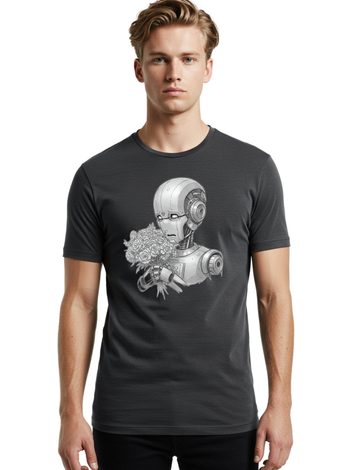 Robot-With-Flowers-2 Men'S Graphic Tee, 100% Cotton, Comfortable Casual Summer Wear, Machine Washable, Vintage Camera, Old Camera, Antique Camera, Black Camera, Classic Photography, Photography Equipment, Nostalgic Device, Film Camera, Bap955 24