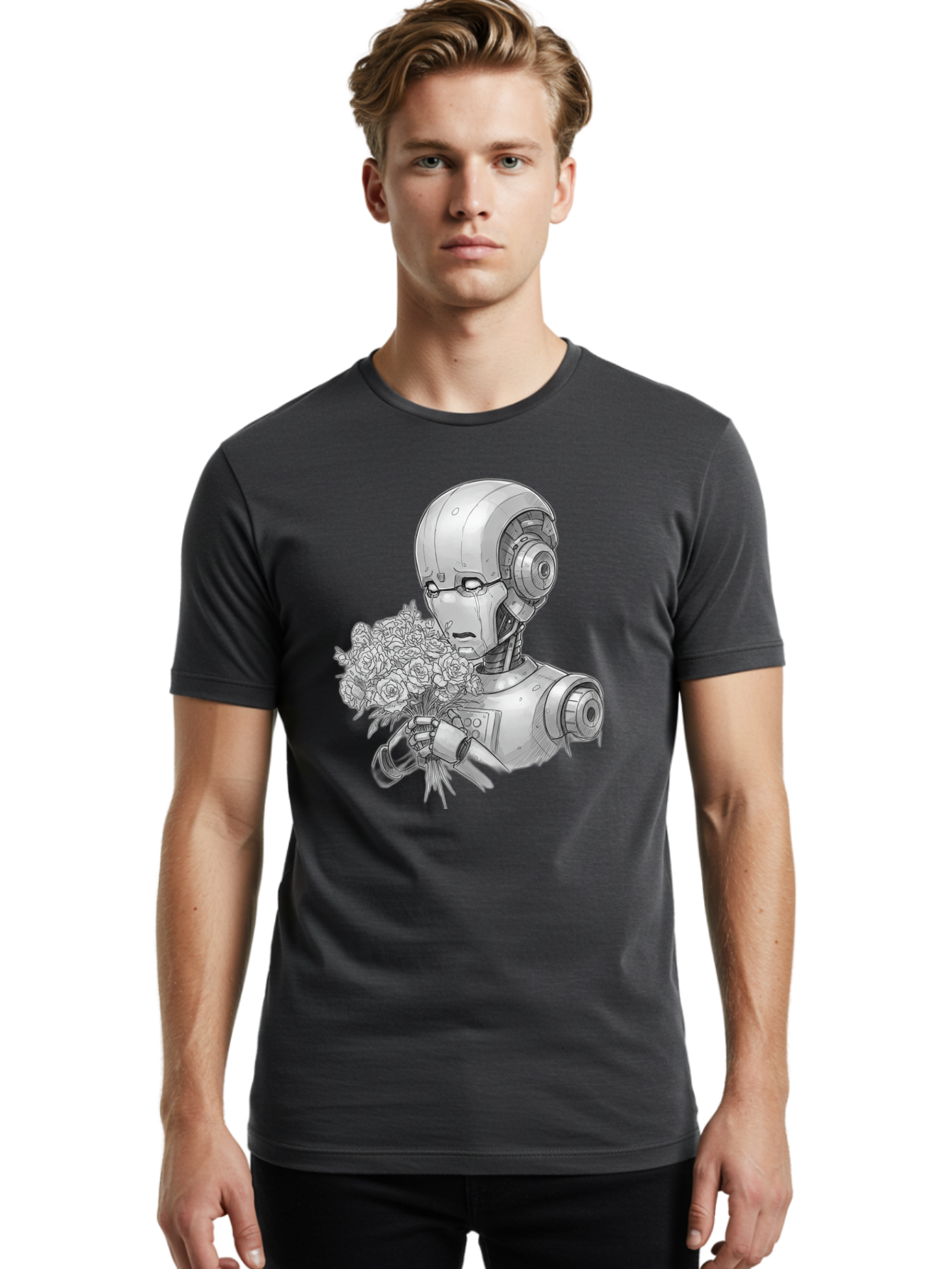 Robot-With-Flowers-2 Men'S Graphic Tee, 100% Cotton, Comfortable Casual Summer Wear, Machine Washable, Vintage Camera, Old Camera, Antique Camera, Black Camera, Classic Photography, Photography Equipment, Nostalgic Device, Film Camera, Bap955 17