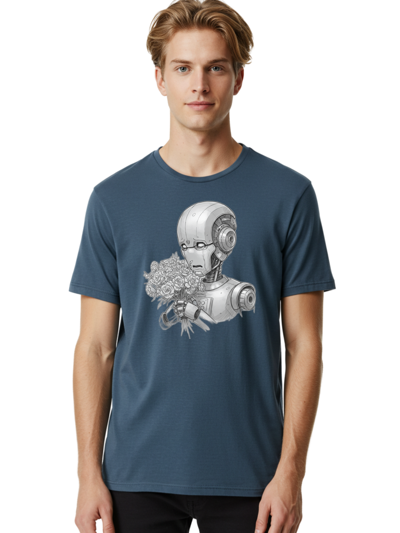 Robot-With-Flowers-2 Men'S Graphic Tee, 100% Cotton, Comfortable Casual Summer Wear, Machine Washable, Vintage Camera, Old Camera, Antique Camera, Black Camera, Classic Photography, Photography Equipment, Nostalgic Device, Film Camera, Bap955 25