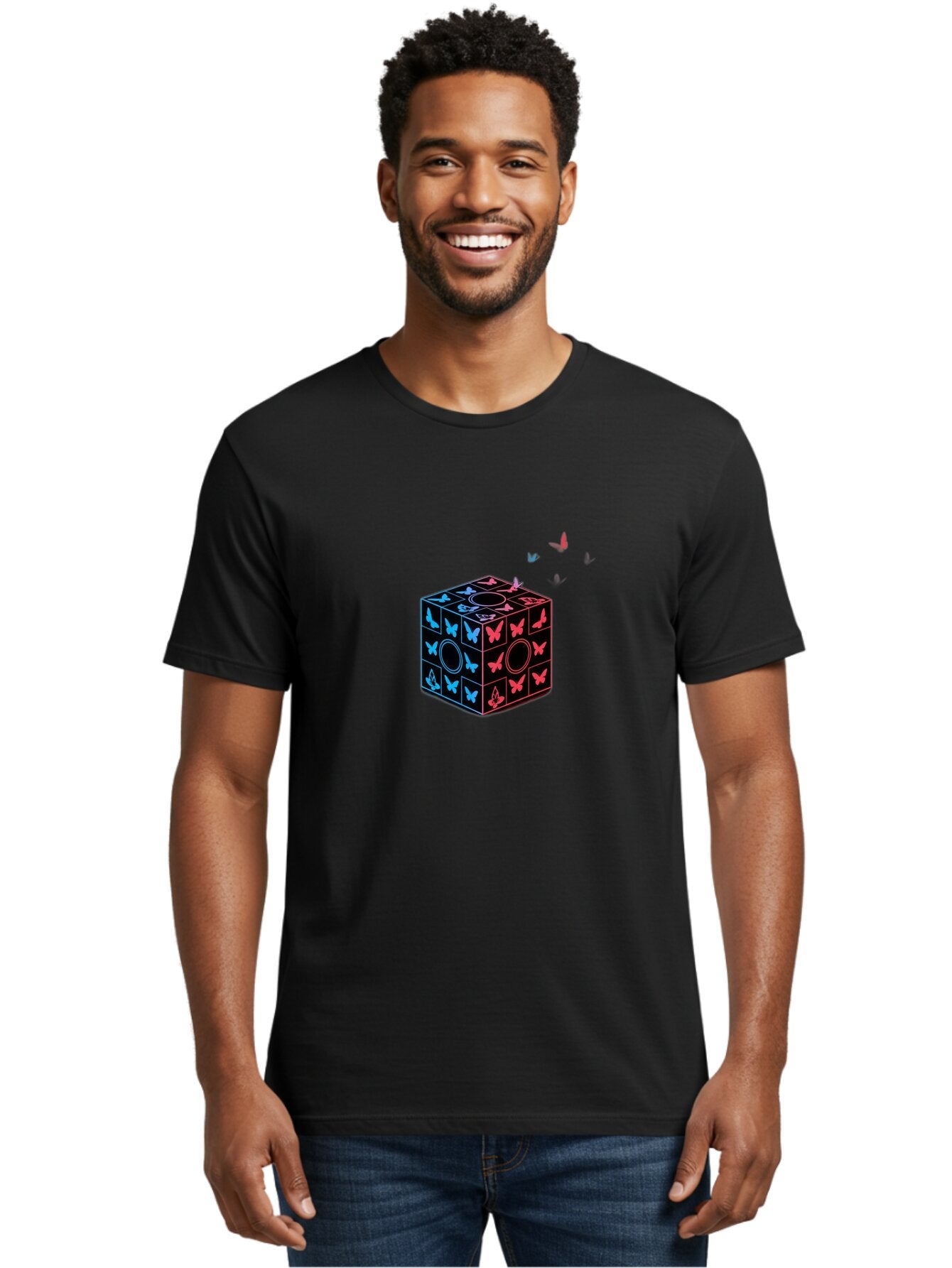 Rubik-S-Cube-With-Butterflies Men'S Graphic Tee, 100% Cotton, Comfortable Casual Summer Wear, Machine Washable, Vintage Camera, Old Camera, Antique Camera, Black Camera, Classic Photography, Photography Equipment, Nostalgic Device, Bap960 20